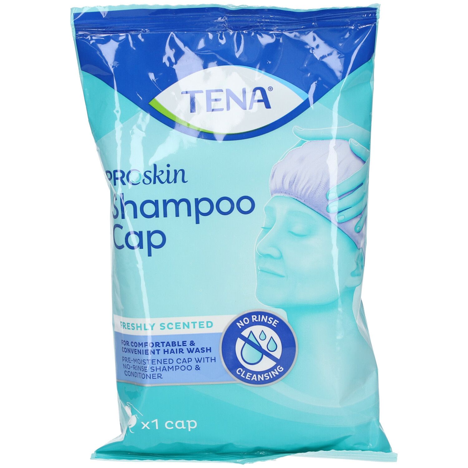 Confezione di TENA® Shampoo Cap. Blu e bianca, con nome del prodotto e illustrazione di una persona. Contiene un cappuccio.
