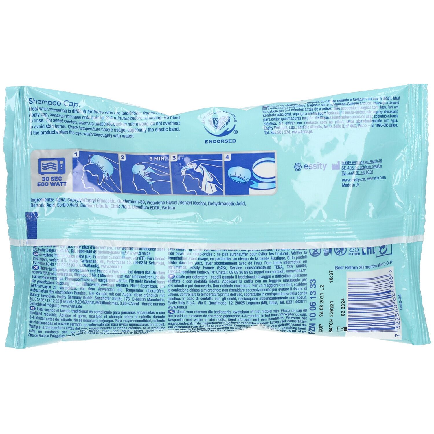 Retro della confezione TENA® Shampoo Cap. Testo e pittogrammi. Contiene ingredienti e istruzioni per l'uso.