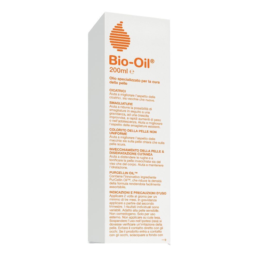 Confezione bianca di Bio-Oil®. Logo arancione e testo. Flacone da 200 ml. Informazioni sul prodotto in italiano.