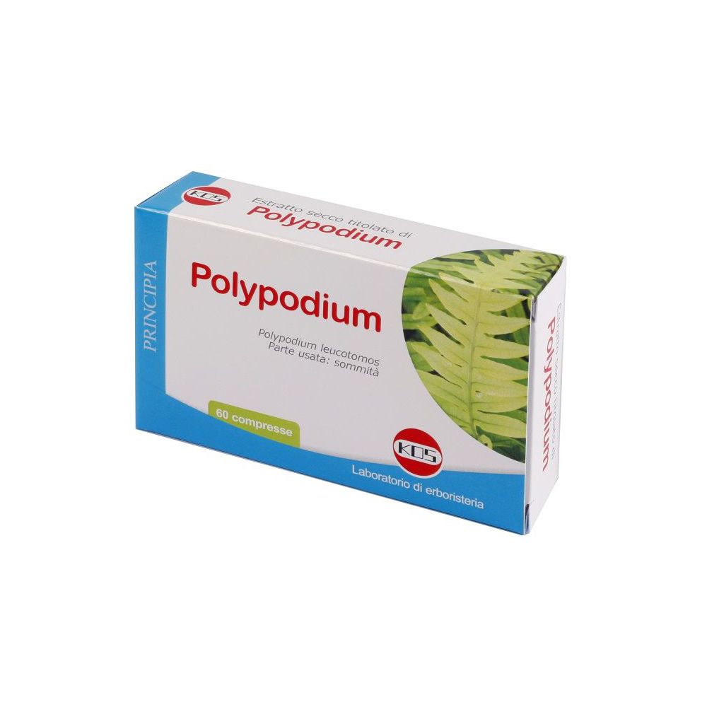 Scatola di compresse "Polypodium". Confezione blu e bianca con testo e immagine di foglia di felce. Scritto "60 compresse".