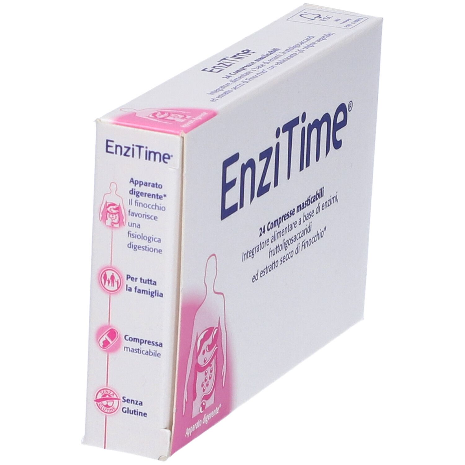 Scatola Enzitime, 24 compresse masticabili. Testo: 24 Compresse masticabili. Illustrazione apparato digerente. Senza glutine. Vista laterale.