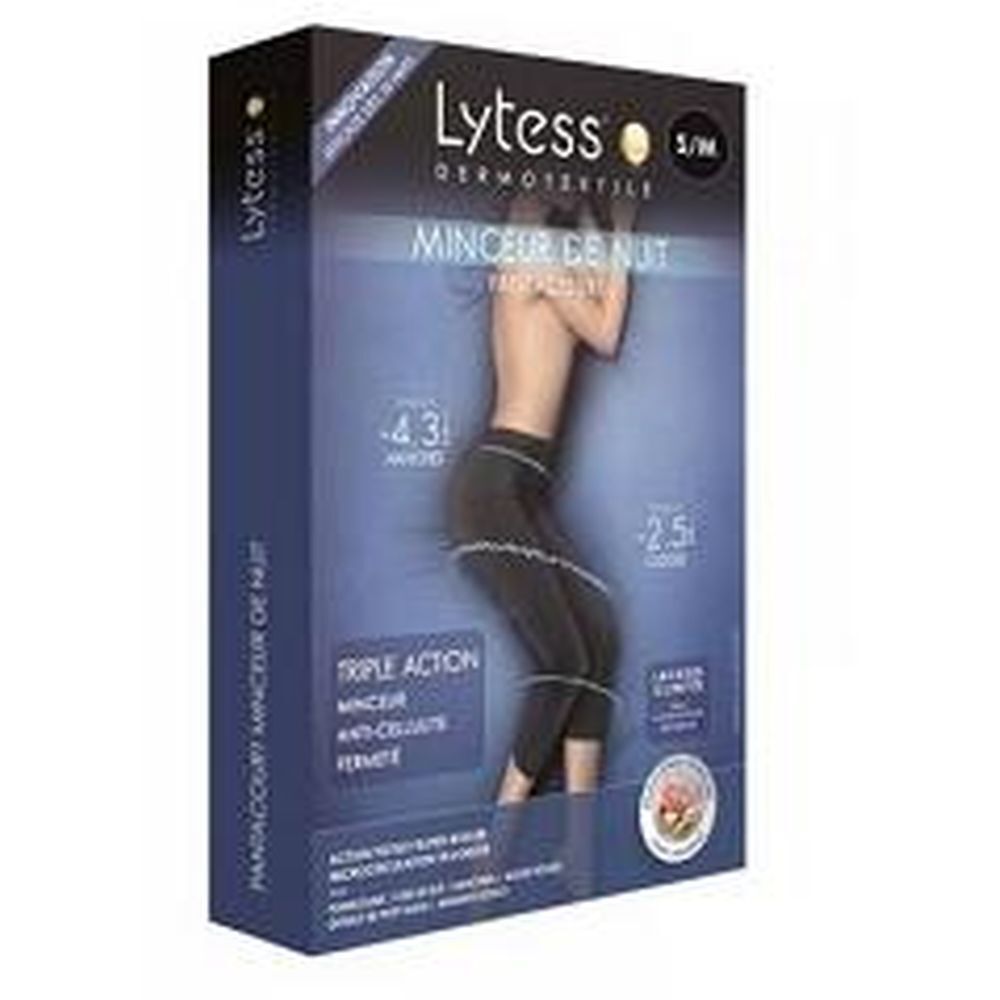 Confezione Lytess. Scritto: Minceur de Nuit, Triple Action. Immagine di persona con pantaloni neri. Taglia S/M.