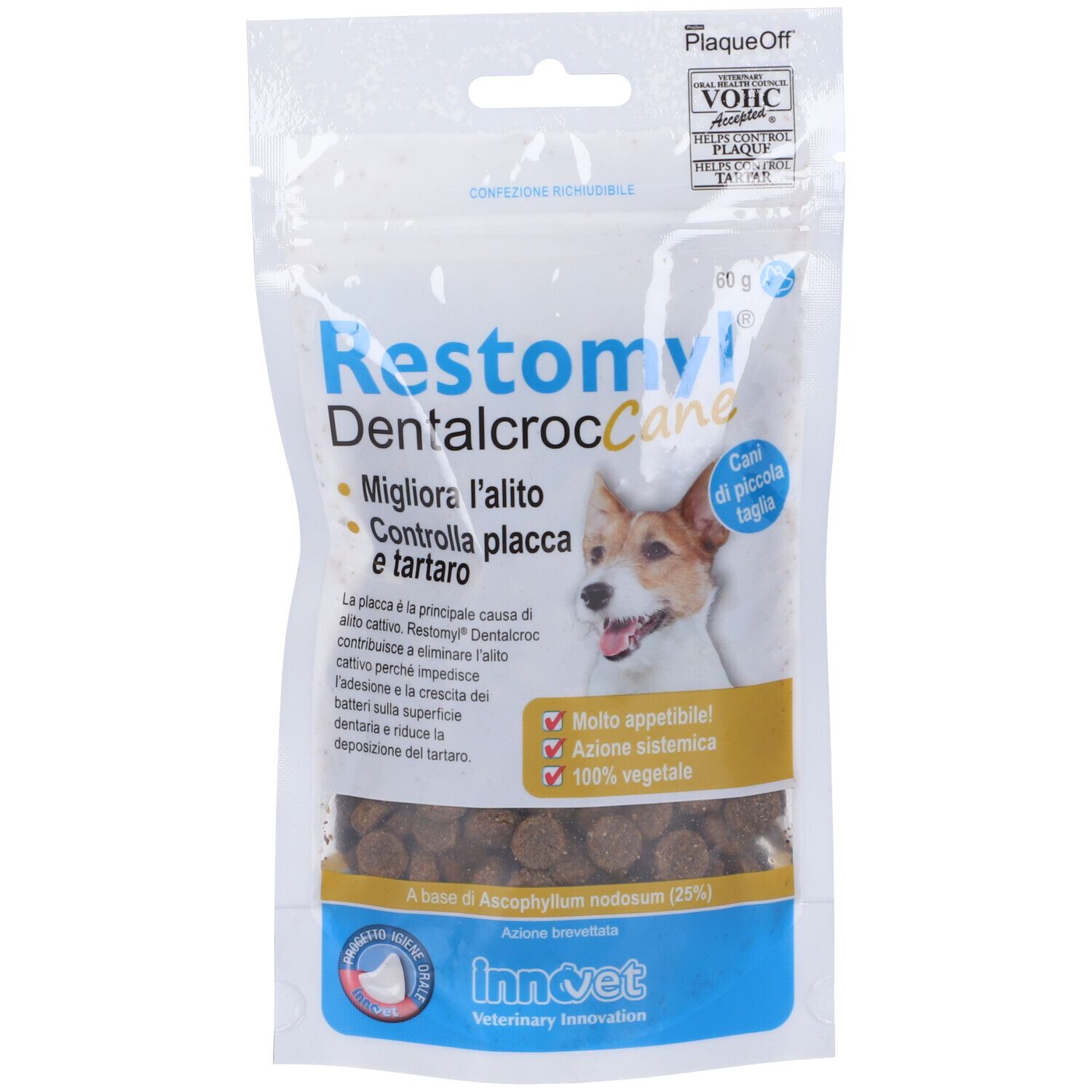 Confezione di Restomyl Dentalcroc Cane, 60g. Immagine di cane. Certificazione VOHC.