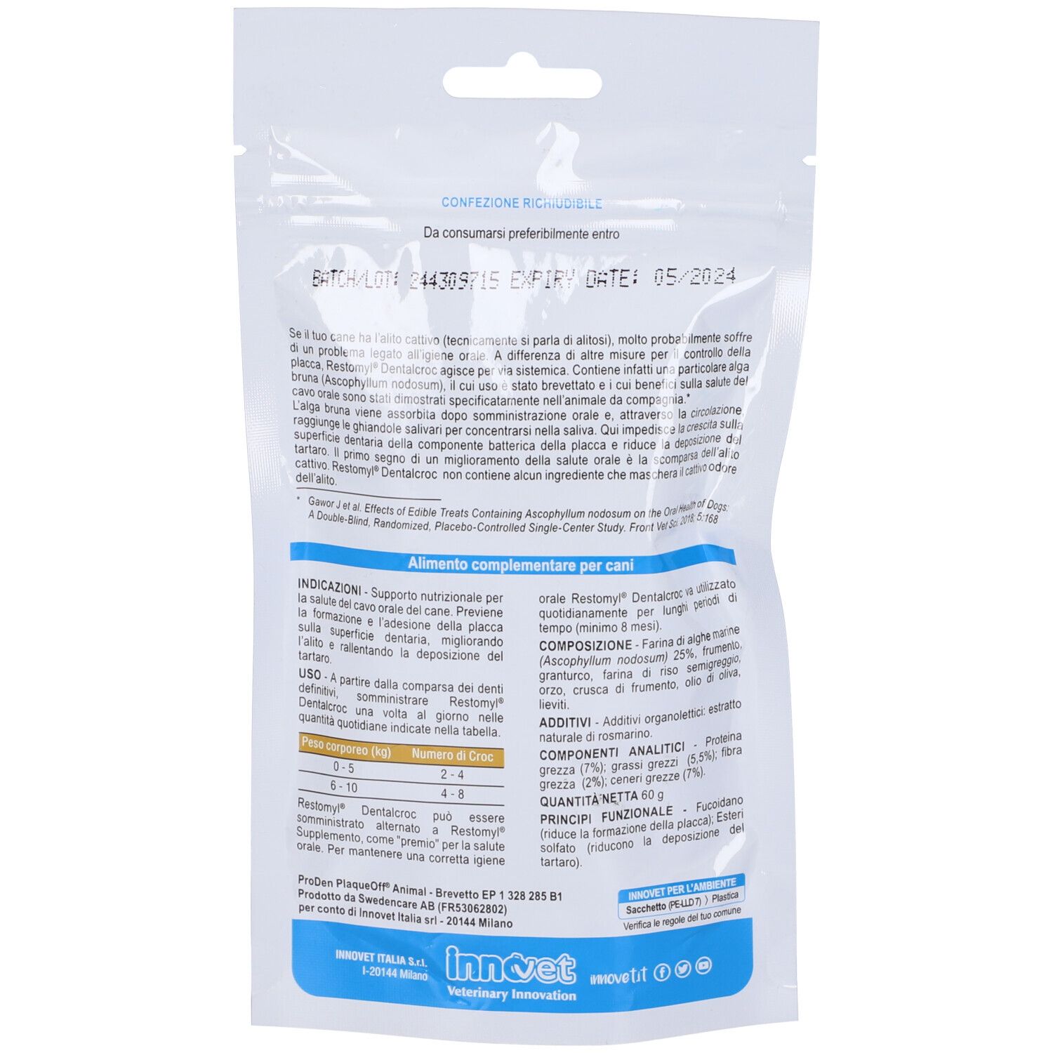 Retro della confezione Restomyl Dentalcroc Cane. Informazioni e ingredienti.