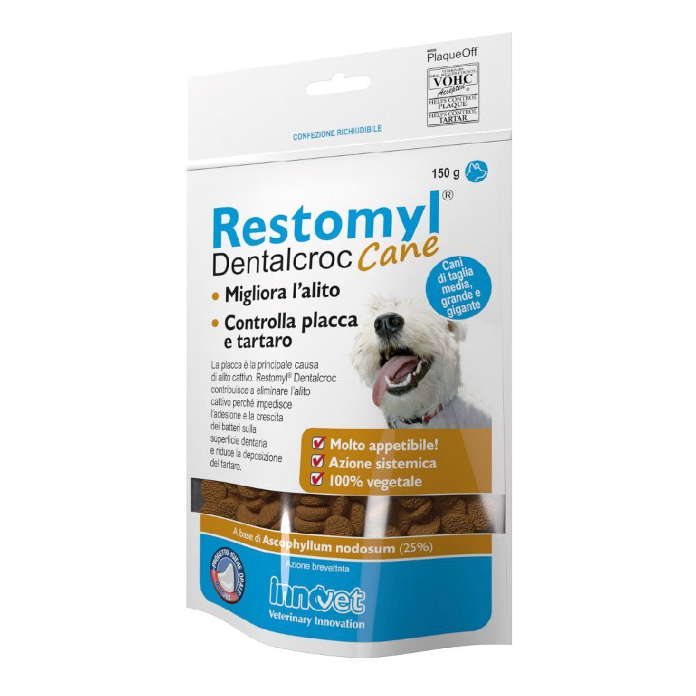 Confezione di Restomyl Dentalcroc per cani. Contiene 150g. Testo: 'Migliora l'alito' e 'Controlla placca e tartaro'.