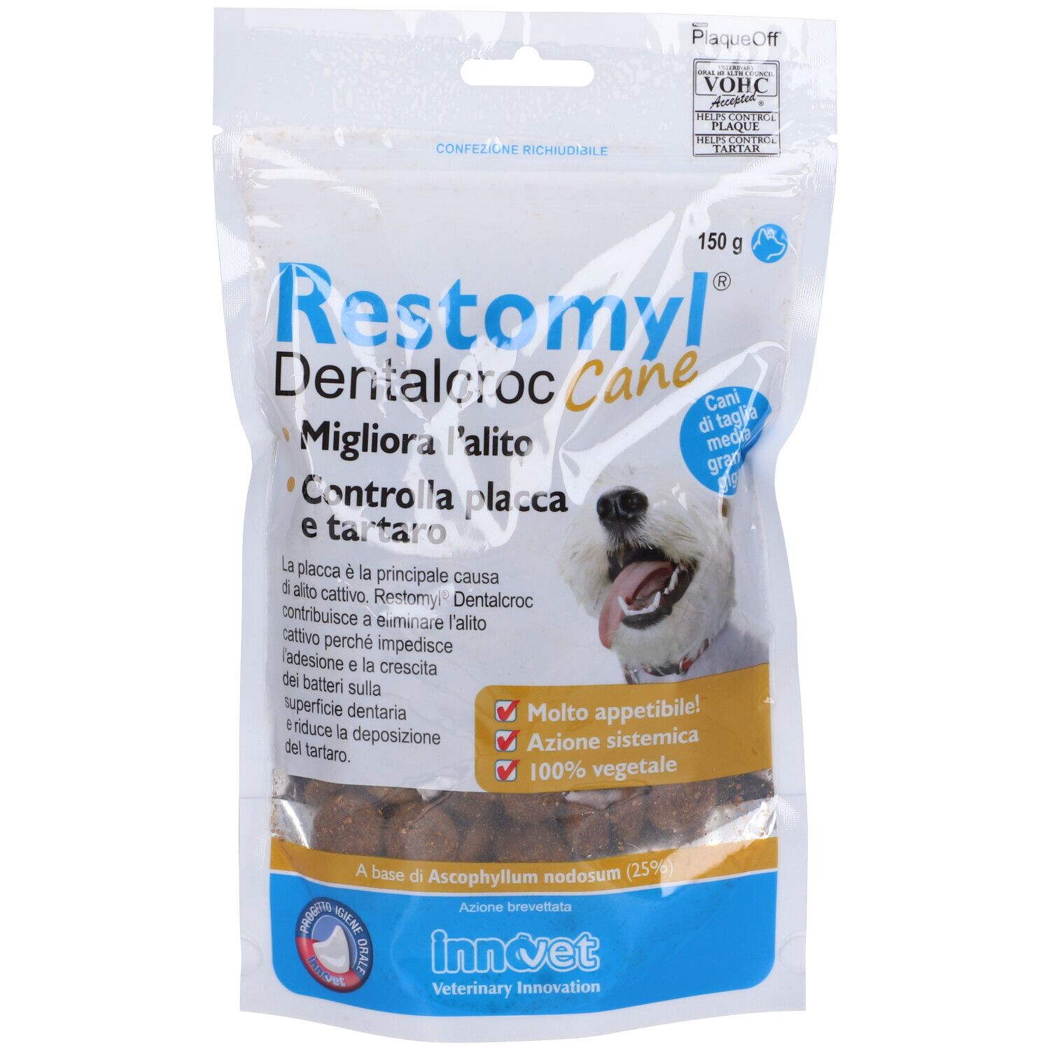 Confezione Restomyl Dentalcroc per cani. Contiene 150g. Testo: 'Migliora l'alito' e 'Controlla placca e tartaro'.