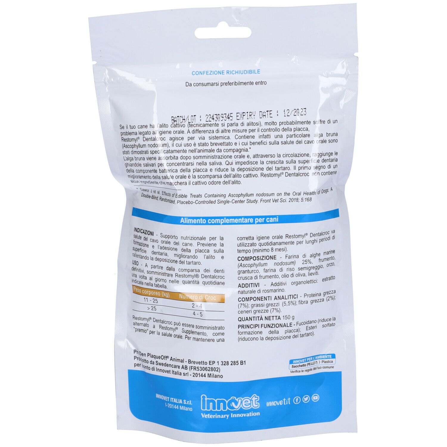Retro della confezione Restomyl Dentalcroc. Contiene testo e informazioni sul prodotto e sugli ingredienti.