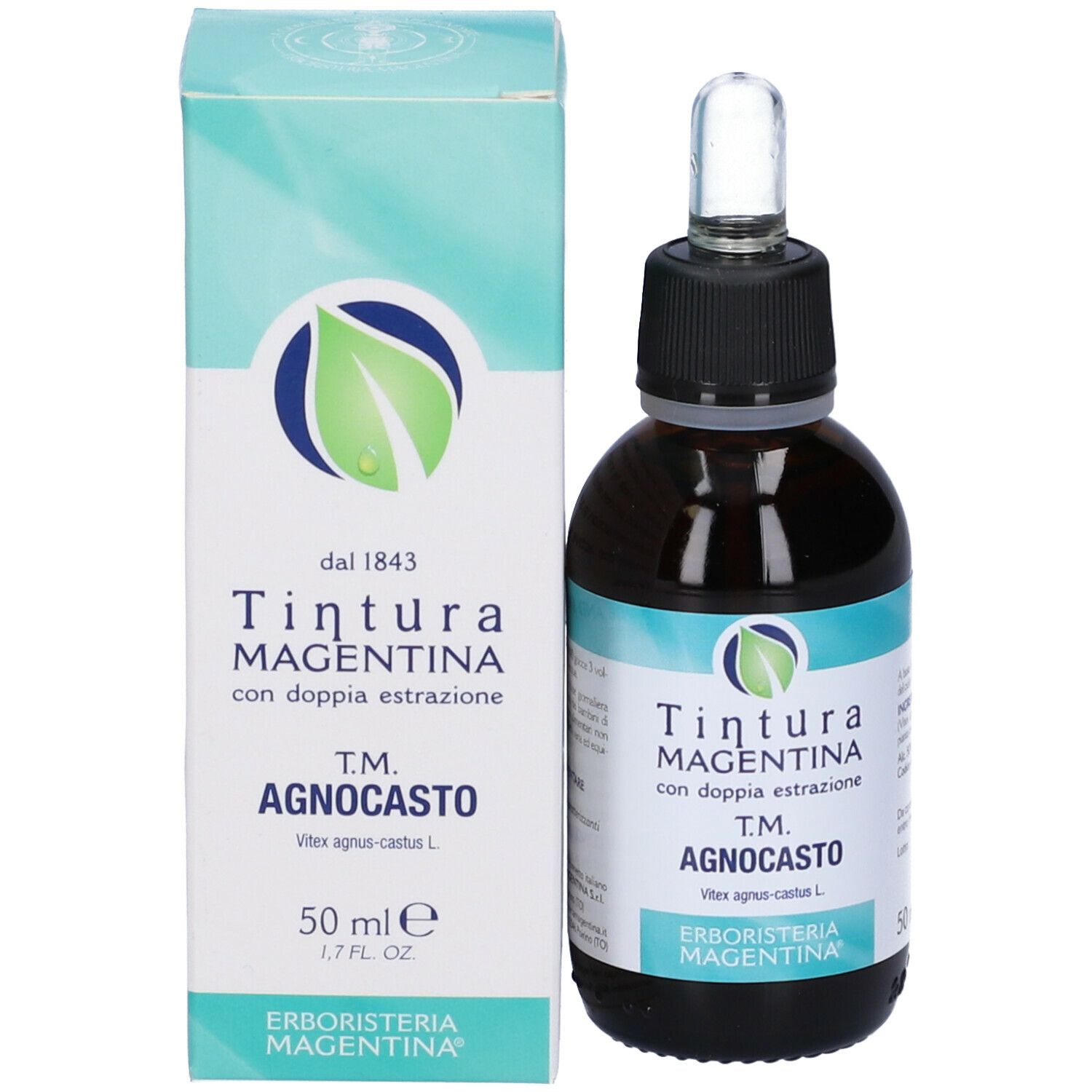 Flacone di vetro marrone con tappo nero e contagocce. Accanto, scatola con informazioni e logo del prodotto.