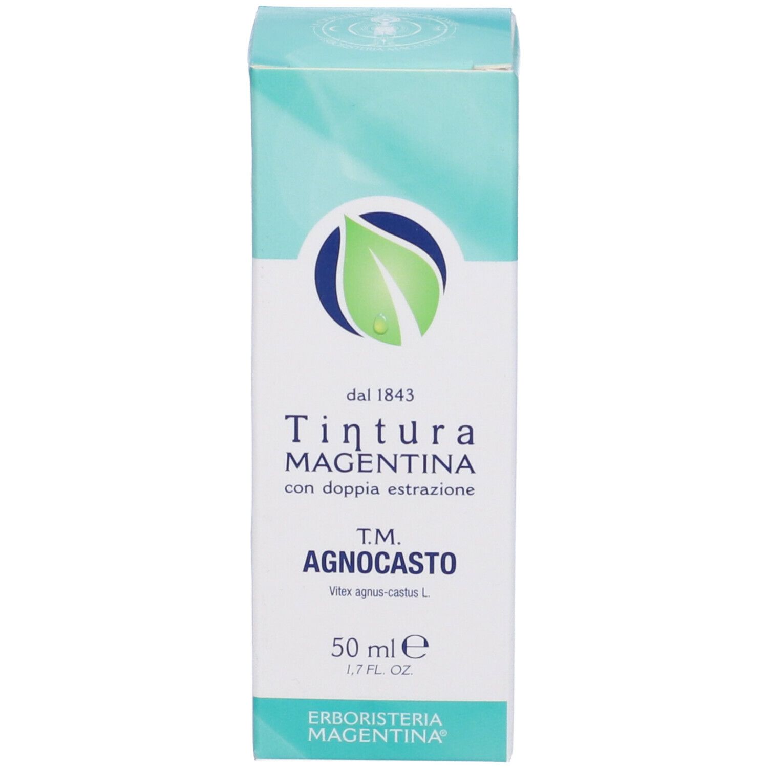 Scatola turchese con informazioni e logo del prodotto.