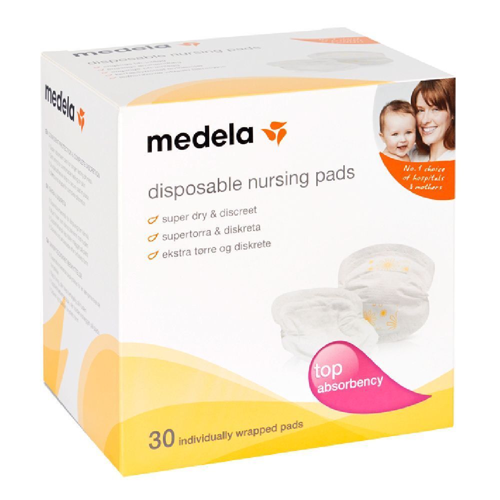 Scatola 'medela' con 'disposable nursing pads'. 30 coppette assorbilatte confezionate singolarmente. Immagine madre e bambino.