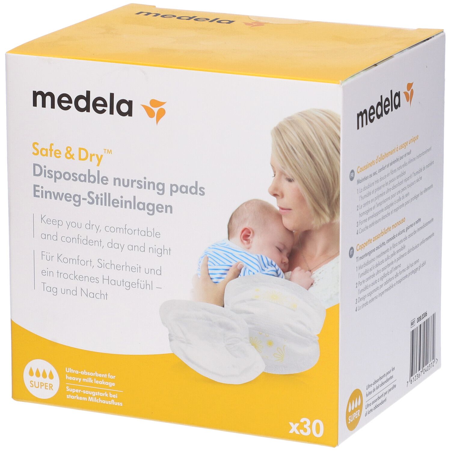Scatola gialla 'medela' con coppette assorbilatte 'Safe & Dry'. Madre e bambino. 30 pezzi. Testo: 'Keep you dry, comfortable and confident'.