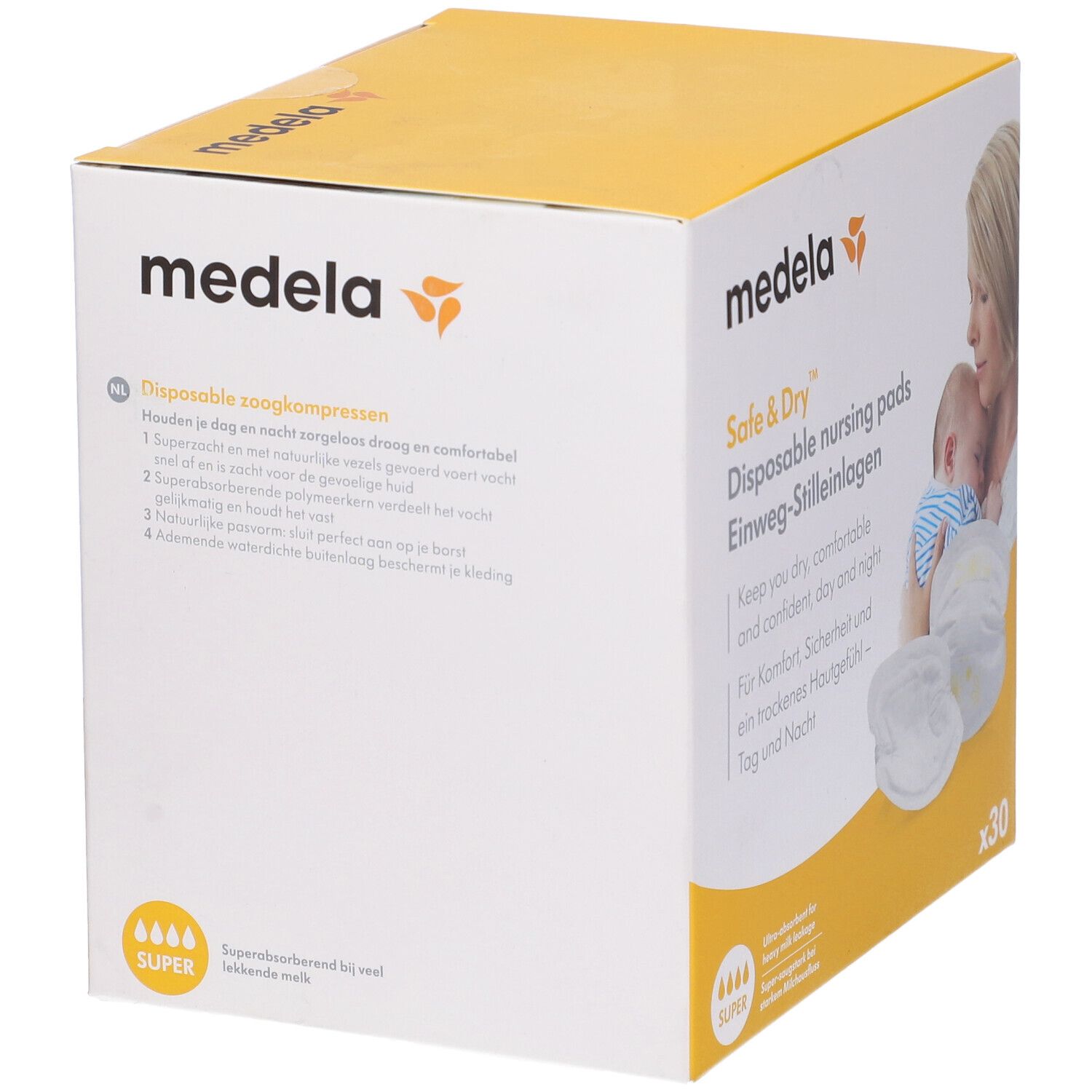 Scatola gialla 'medela' con coppette assorbilatte 'Safe & Dry'. Madre e bambino. 30 pezzi. Testo: 'Keep you dry, comfortable and confident'.