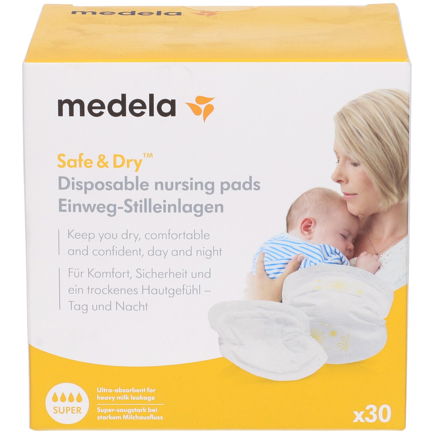 Scatola 'medela' con coppette assorbilatte 'Safe & Dry'. Madre e bambino. 30 pezzi. Testo: 'Keep you dry, comfortable and confident'.