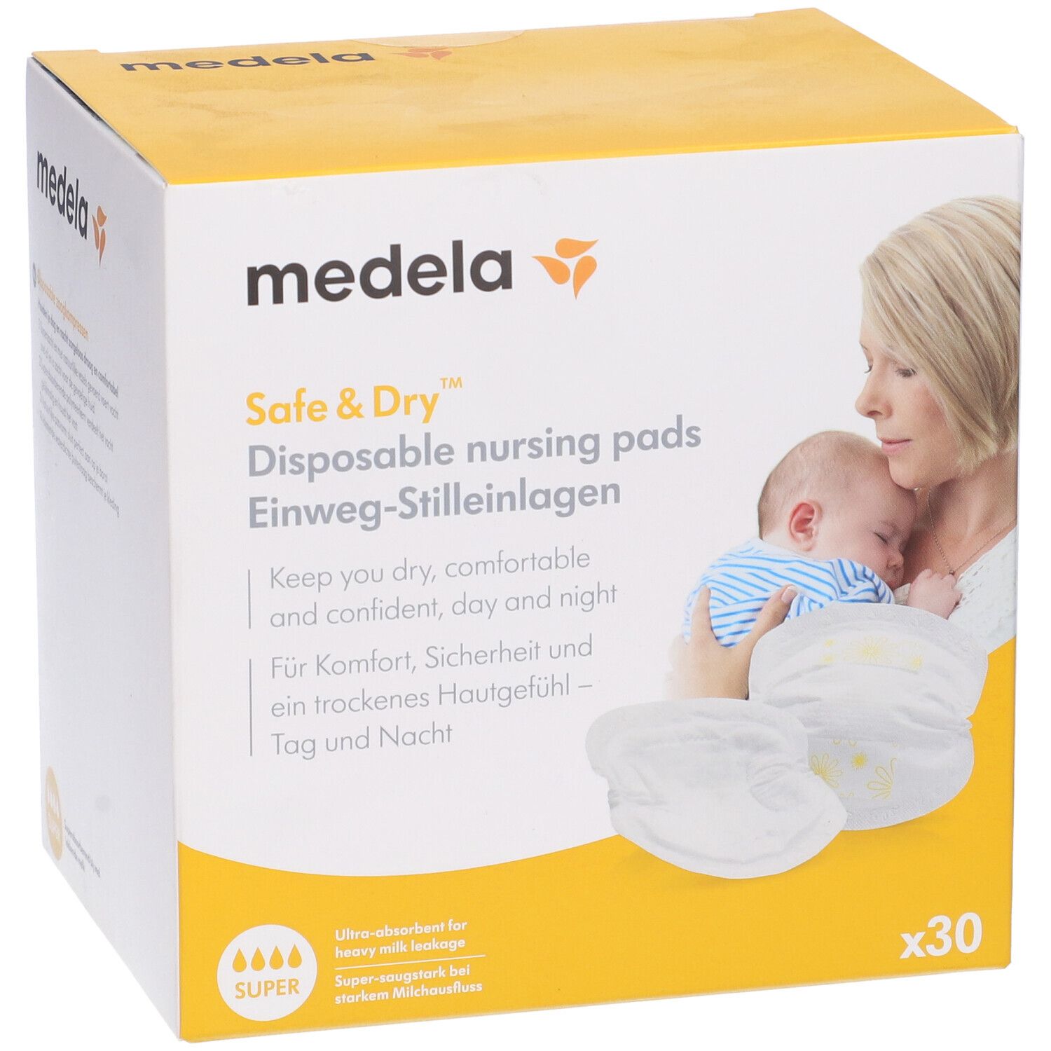 Scatola 'medela' con coppette assorbilatte 'Safe & Dry'. Madre e bambino. 30 pezzi. Testo: 'Keep you dry, comfortable and confident'.