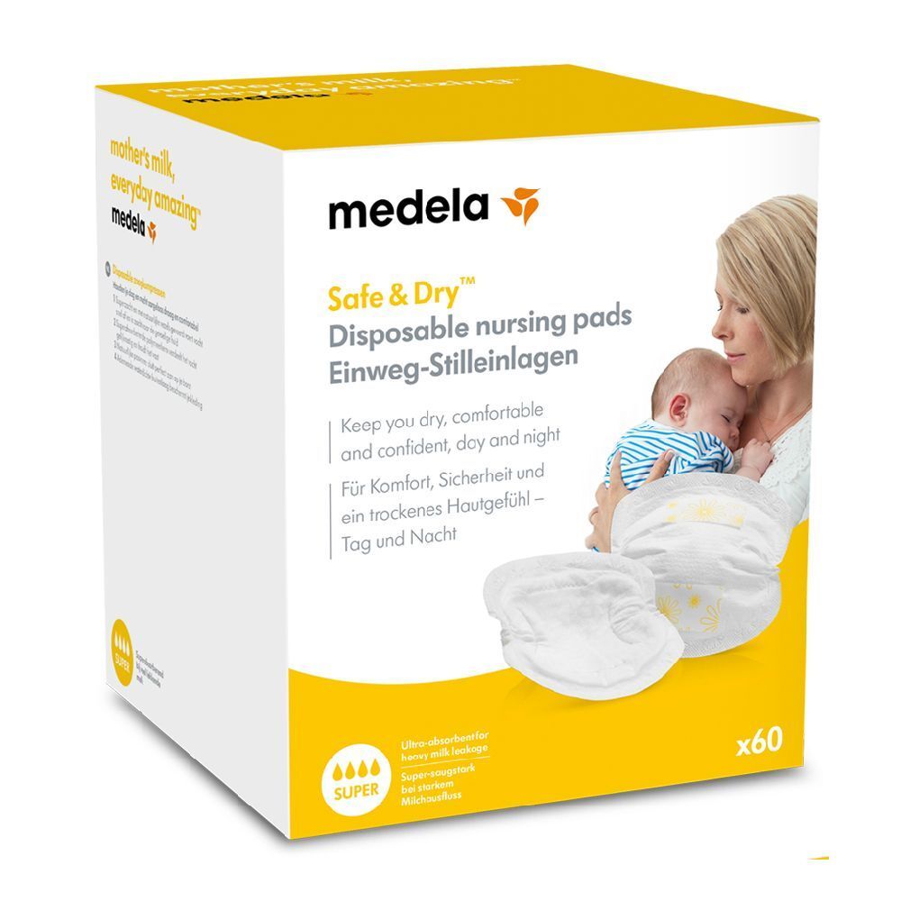 Confezione di coppette assorbilatte Safe & Dry Medela. Contiene 60 pezzi. Scritta: Super. Immagine di madre e bambino.