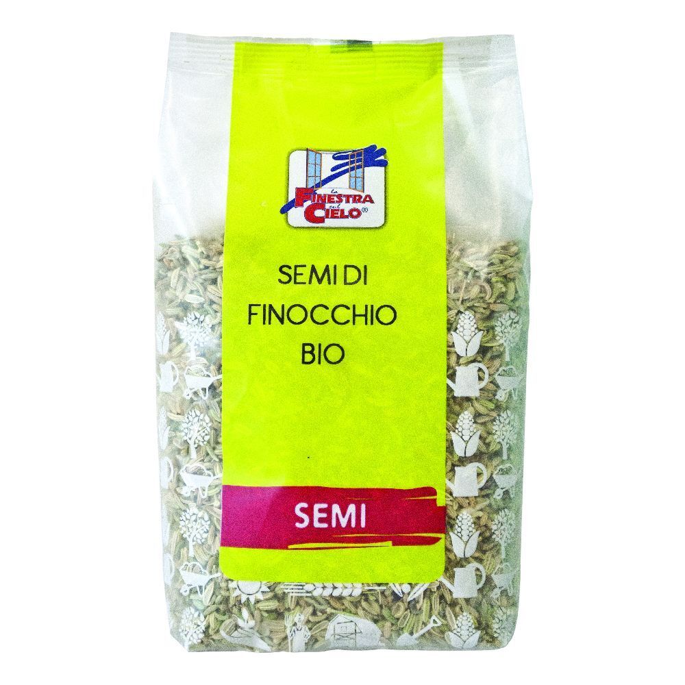 Busta trasparente con semi. Scritta "SEMI DI FINOCCHIO BIO" e logo. Etichetta verde e bianca.
