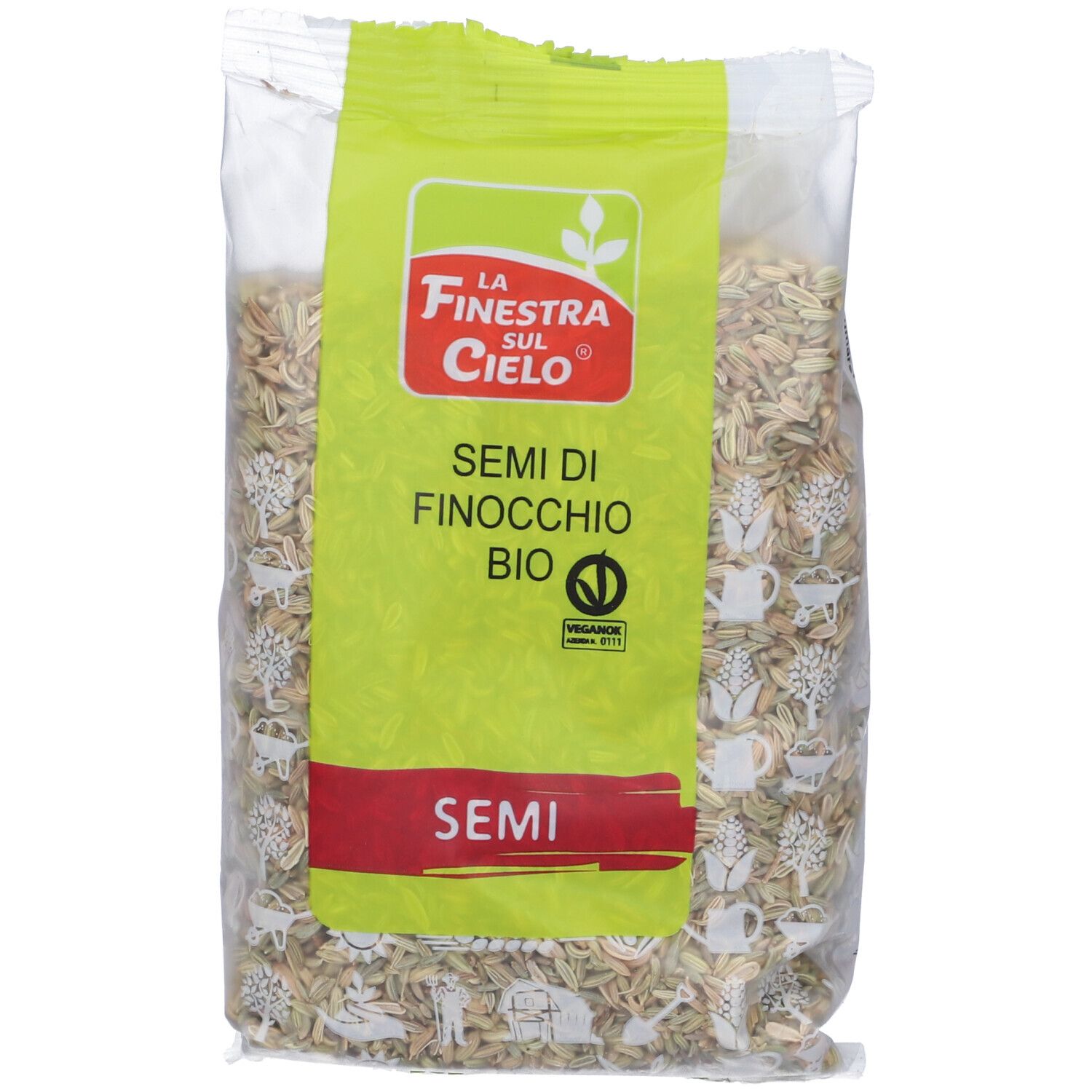 Busta trasparente con semi. Scritta "SEMI DI FINOCCHIO BIO" e logo. Etichetta verde e bianca con sigillo vegano.