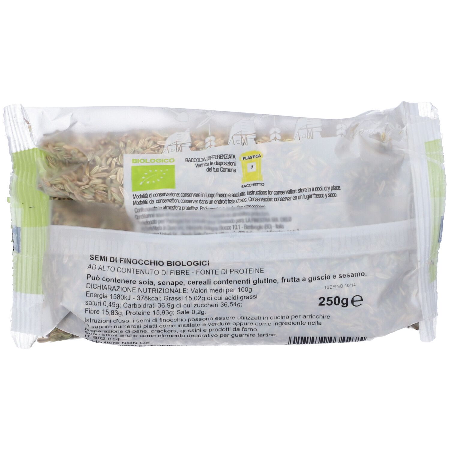 Retro di una busta di semi. Testo: "SEMI DI FINOCCHIO BIOLOGICI". Informazioni nutrizionali e ingredienti. 250g.