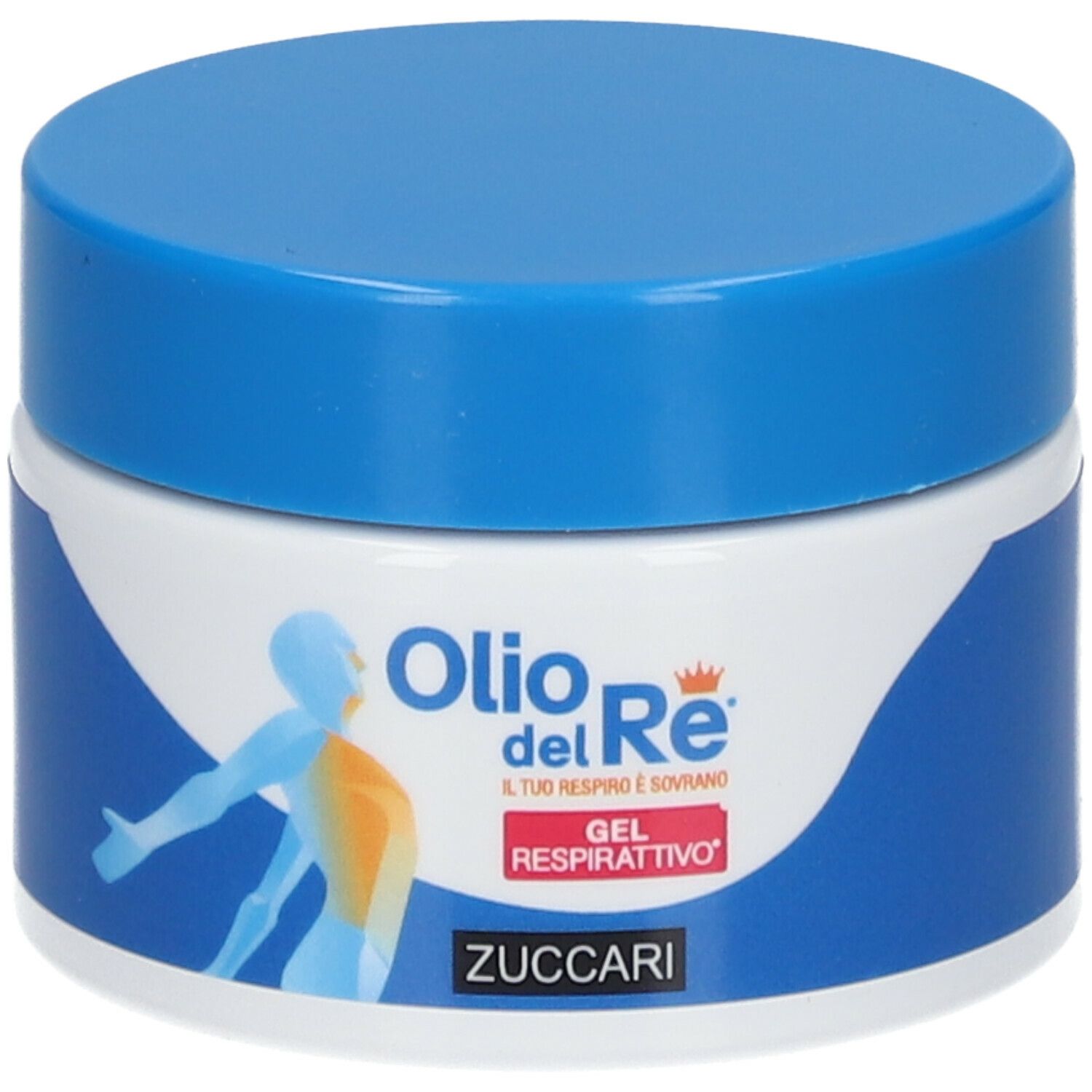 Barattolo blu e bianco con coperchio blu. Scritta: Olio del Re Gel Respirattivo, ZUCCARI. Illustrazione di una persona.