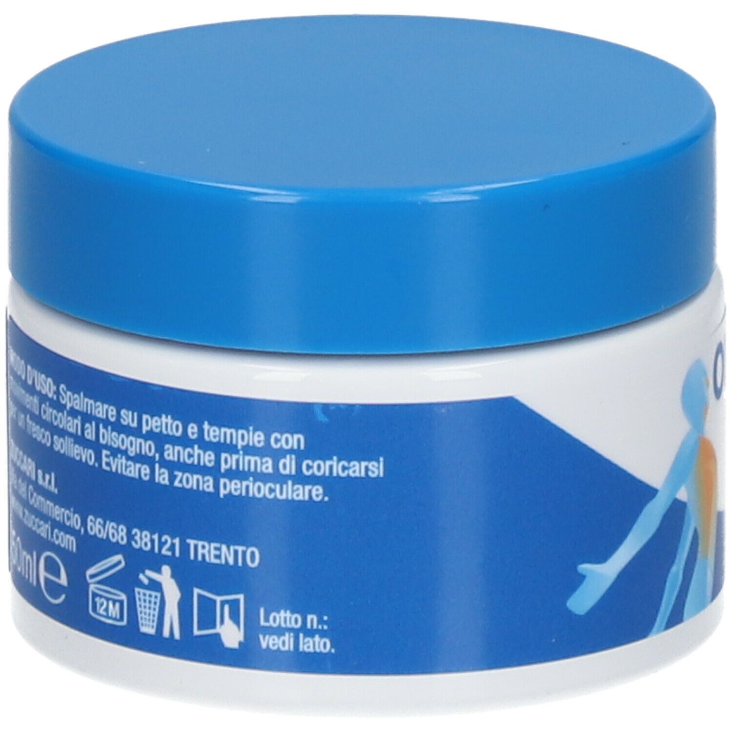 Retro del barattolo con coperchio blu. Testo: istruzioni per l'uso, ingredienti, contatti. Loghi: 12M, bidone.