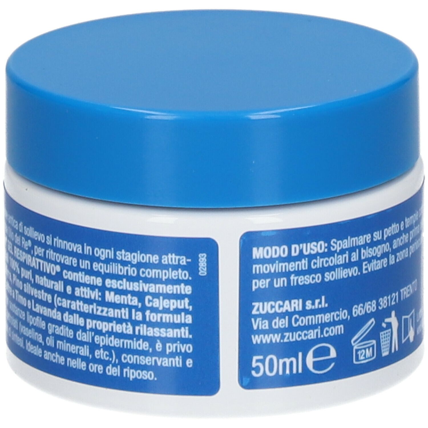 Retro del barattolo con coperchio blu. Testo: ingredienti, istruzioni per l'uso, contatti. Volume: 50 ml. Logo: 12M, bidone.