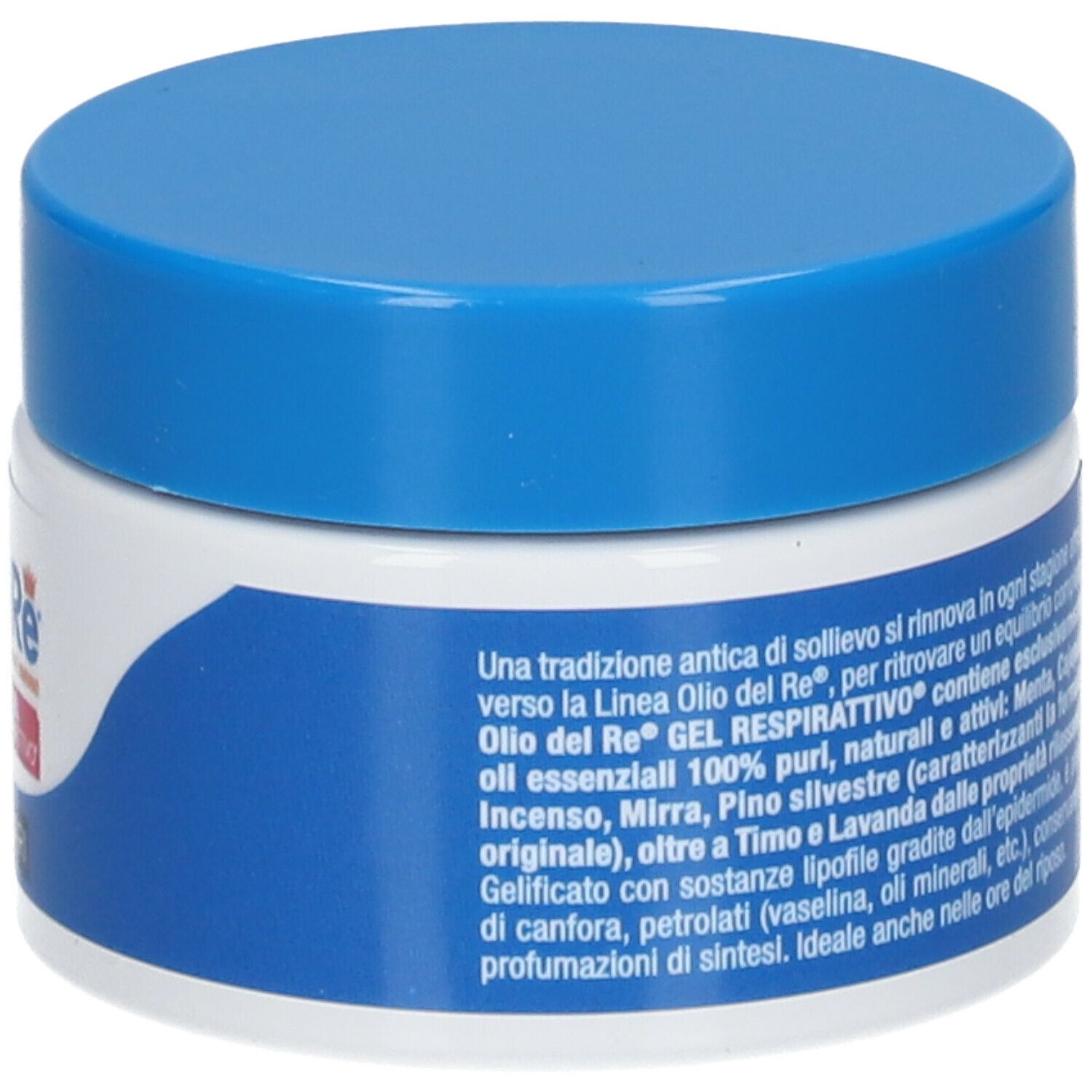 Retro del barattolo con coperchio blu. Testo: ingredienti, istruzioni per l'uso, contatti. Volume: 50 ml.