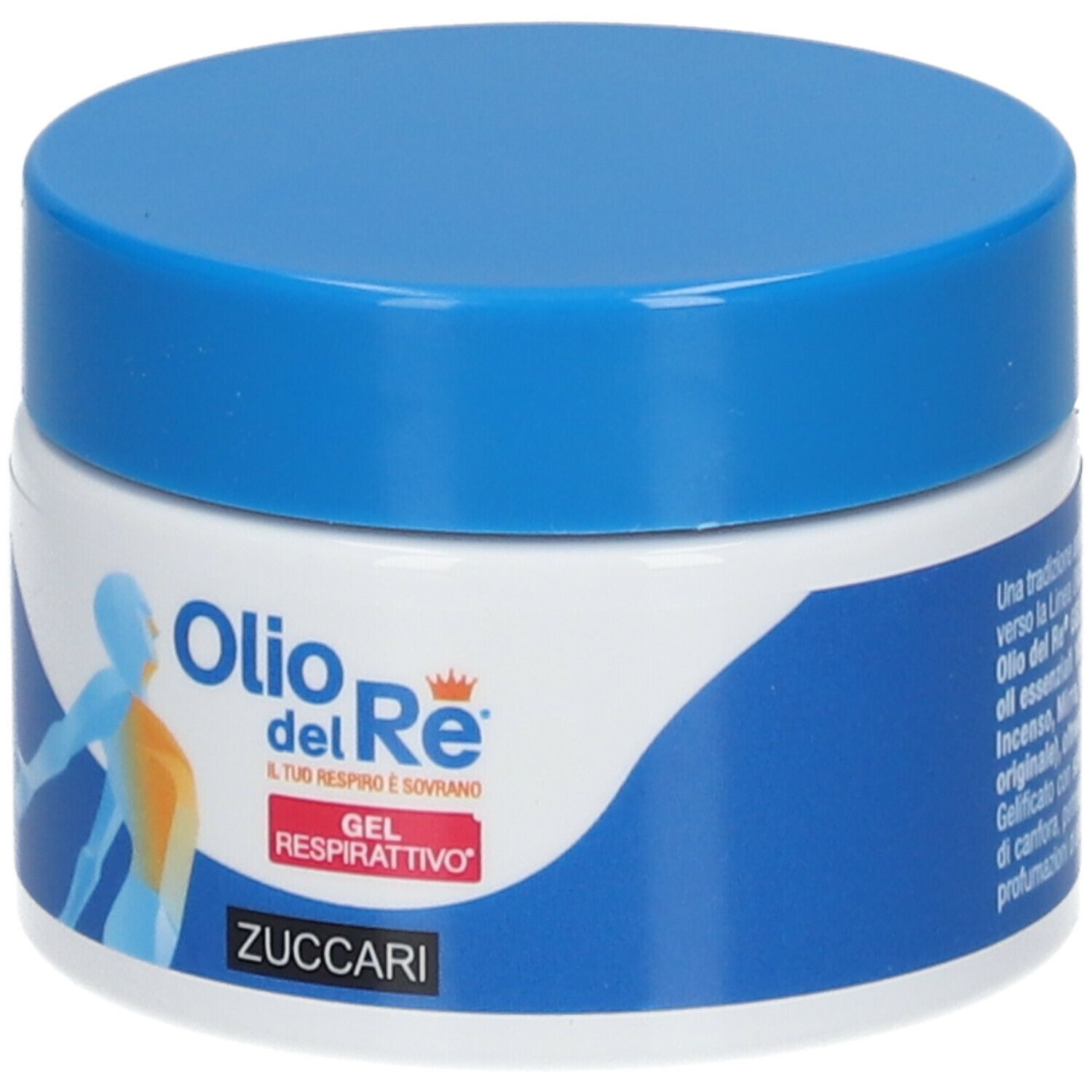 Barattolo blu e bianco con coperchio blu. Scritta: Olio del Re Gel Respirattivo, ZUCCARI. Illustrazione di una persona.