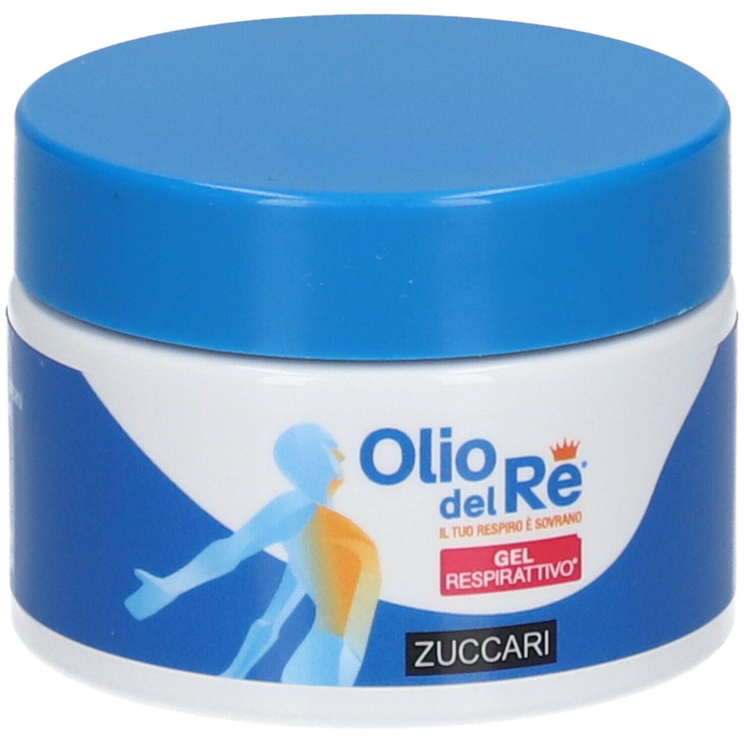 Barattolo blu e bianco con coperchio blu. Scritta: Olio del Re Gel Respirattivo, ZUCCARI. Illustrazione di una persona.