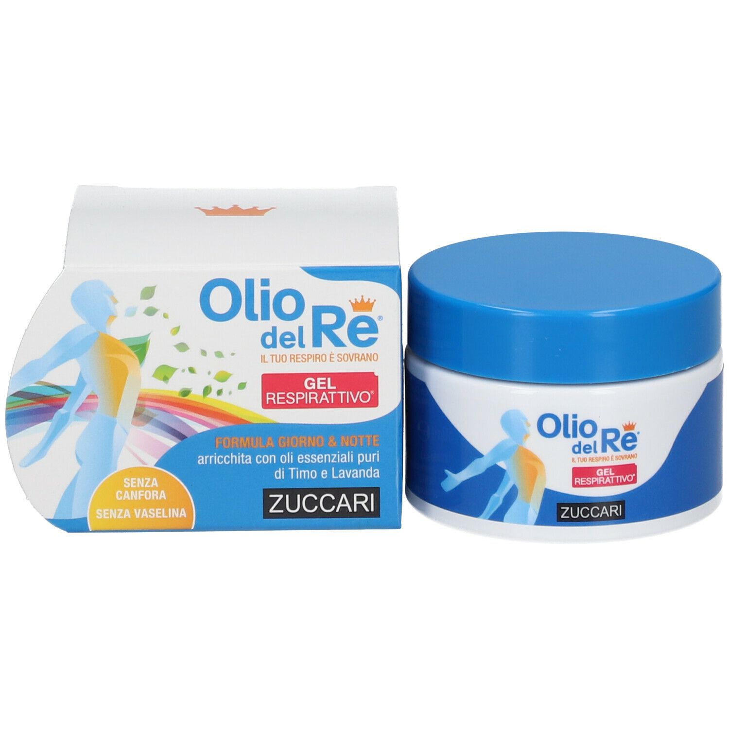 Confezione e barattolo. Confezione: bianca, testo: Olio del Re Gel Respirattivo, ZUCCARI. Barattolo: blu e bianco, testo: Olio del Re.