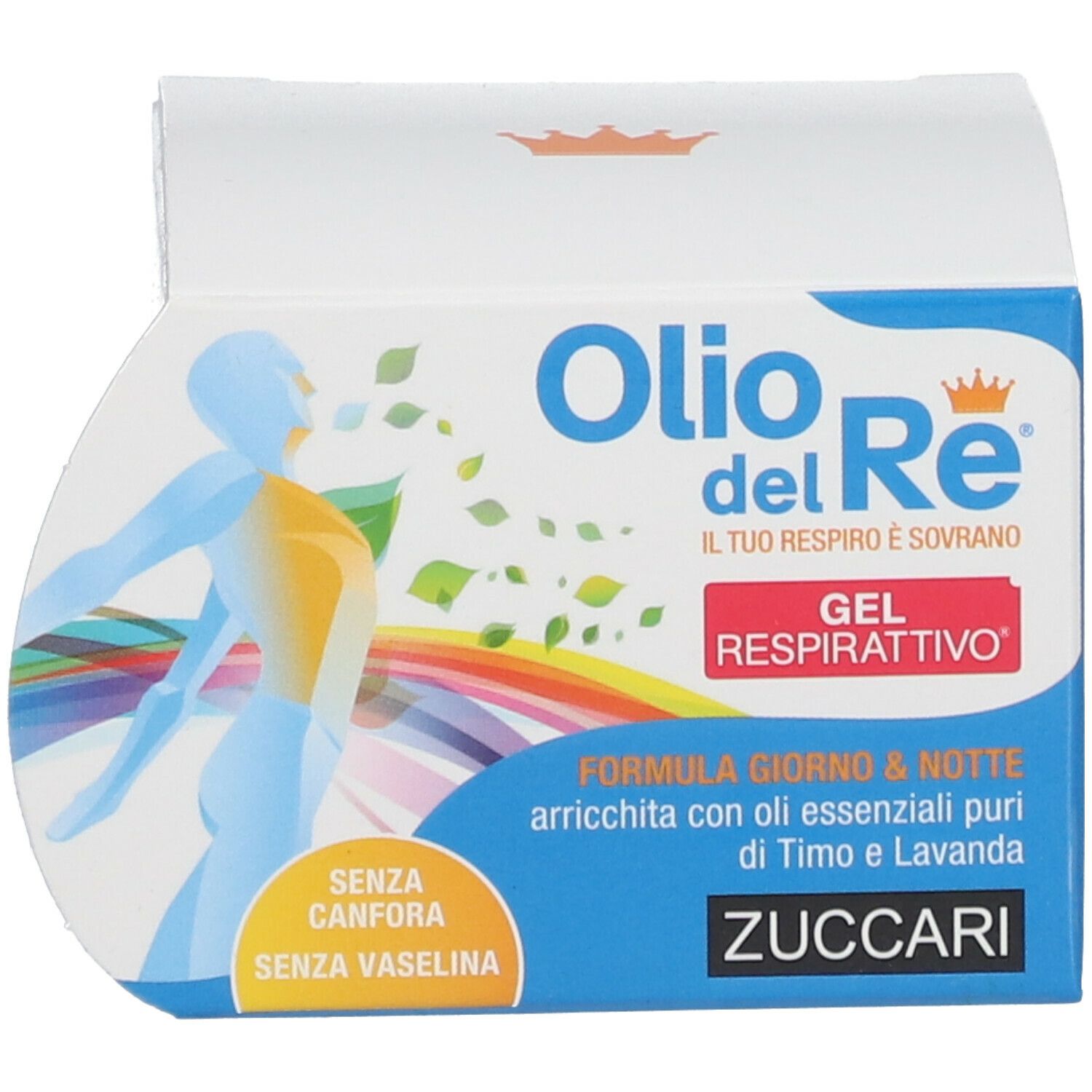 Confezione bianca. Testo: Olio del Re Gel Respirattivo, ZUCCARI. Testo: formula giorno e notte, senza canfora e vaselina.