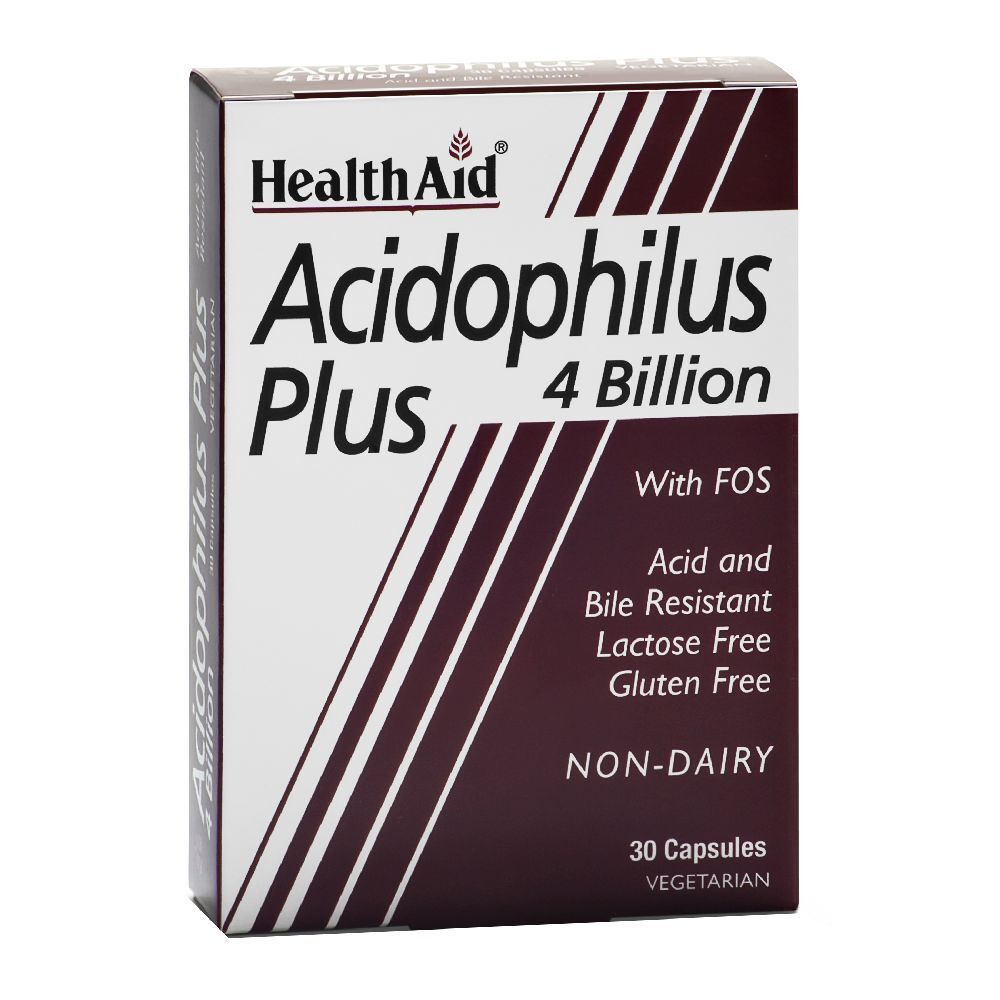 Scatola "Health Aid Acidophilus Plus 4 Billion". Contiene 30 capsule. Senza glutine, lattosio, e derivati del latte.