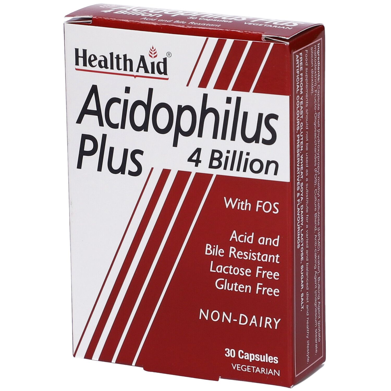 Scatola angolata "Health Aid Acidophilus Plus 4 Billion". Colori rosso e bianco. 30 capsule, vegetariane.