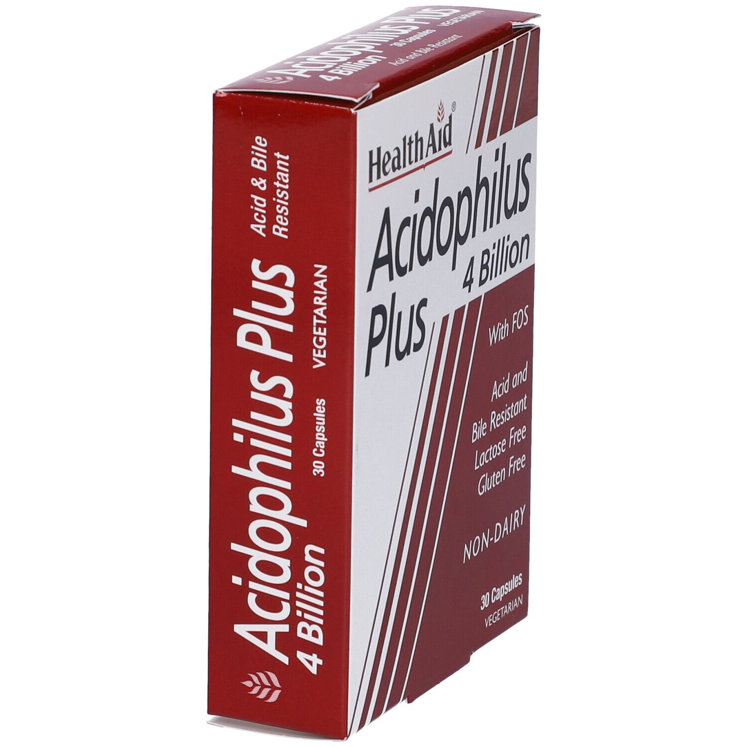 Vista laterale della scatola "Acidophilus Plus 4 Billion". Testo rosso su sfondo bianco. 30 capsule, vegetariane.