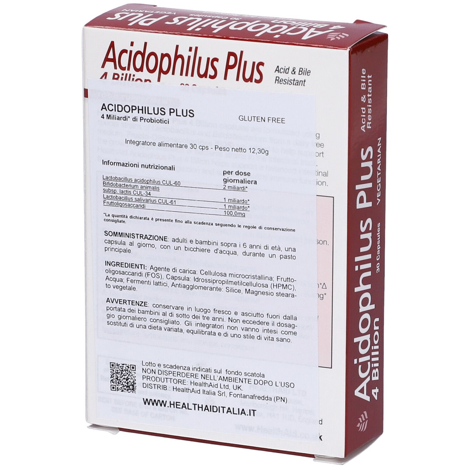 Retro della scatola "Acidophilus Plus 4 Billion". Contiene informazioni sugli ingredienti e i valori nutrizionali. Senza glutine.