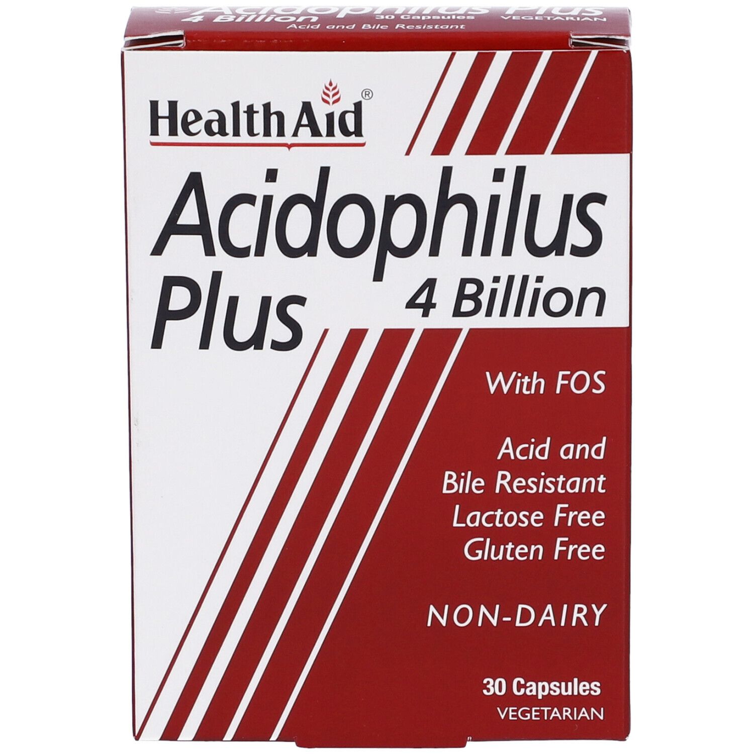 Scatola "Health Aid Acidophilus Plus 4 Billion". Contiene 30 capsule. Senza glutine, lattosio, e derivati del latte.