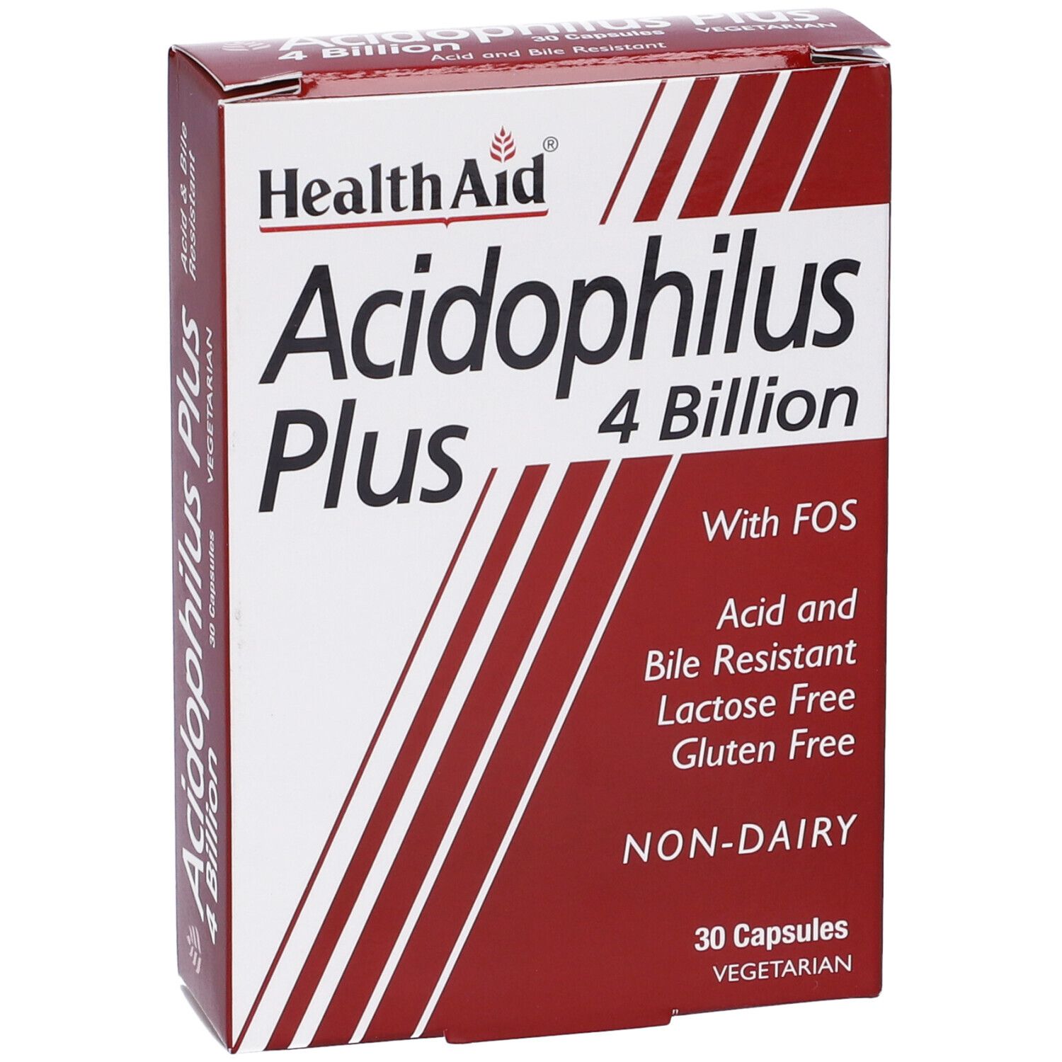Scatola "Health Aid Acidophilus Plus 4 Billion". Contiene 30 capsule. Senza glutine, lattosio, e derivati del latte.