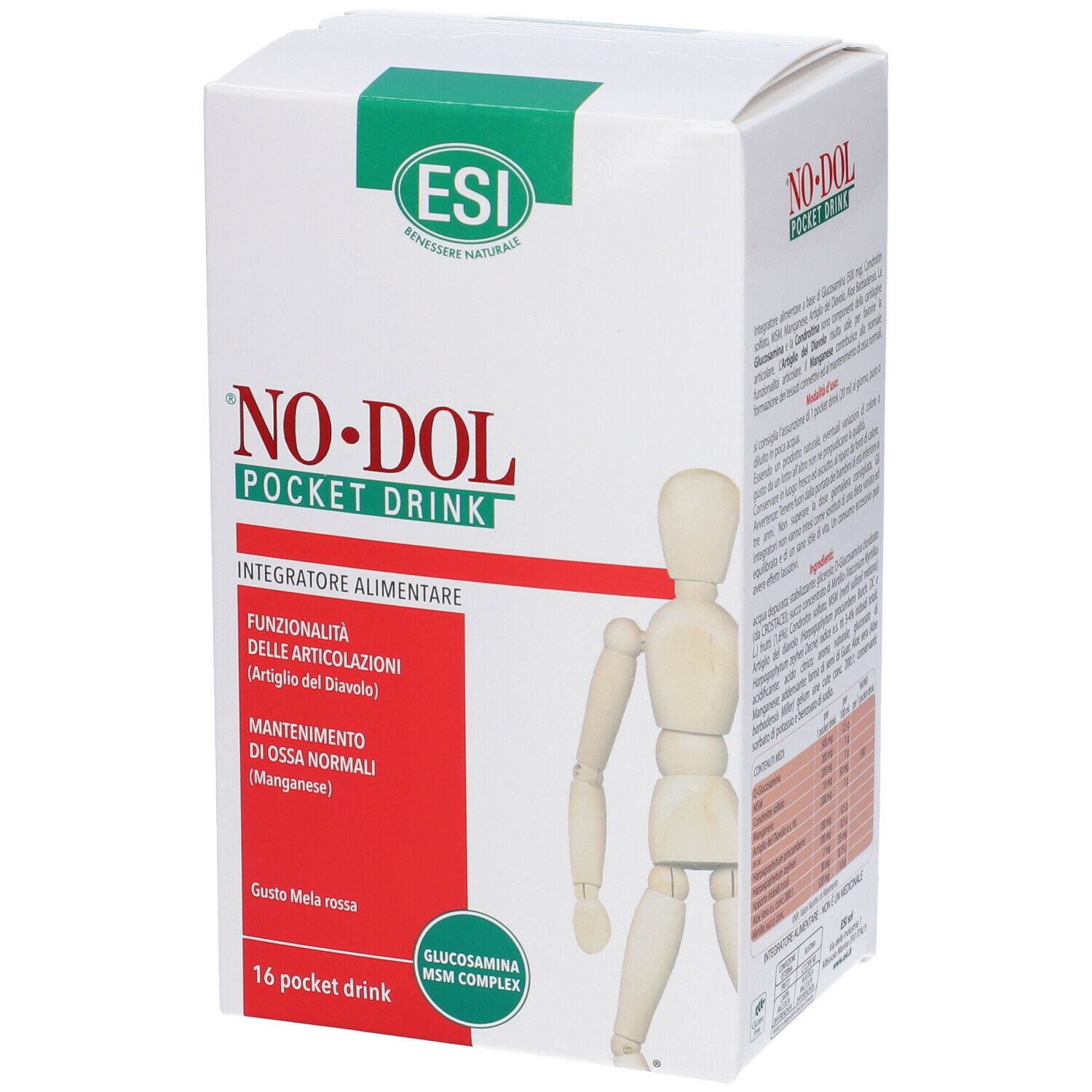 Confezione bianca con dettagli verdi e rossi. Scritta: NO•DOL POCKET DRINK. Contiene 16 drink pocket. Logo ESI.