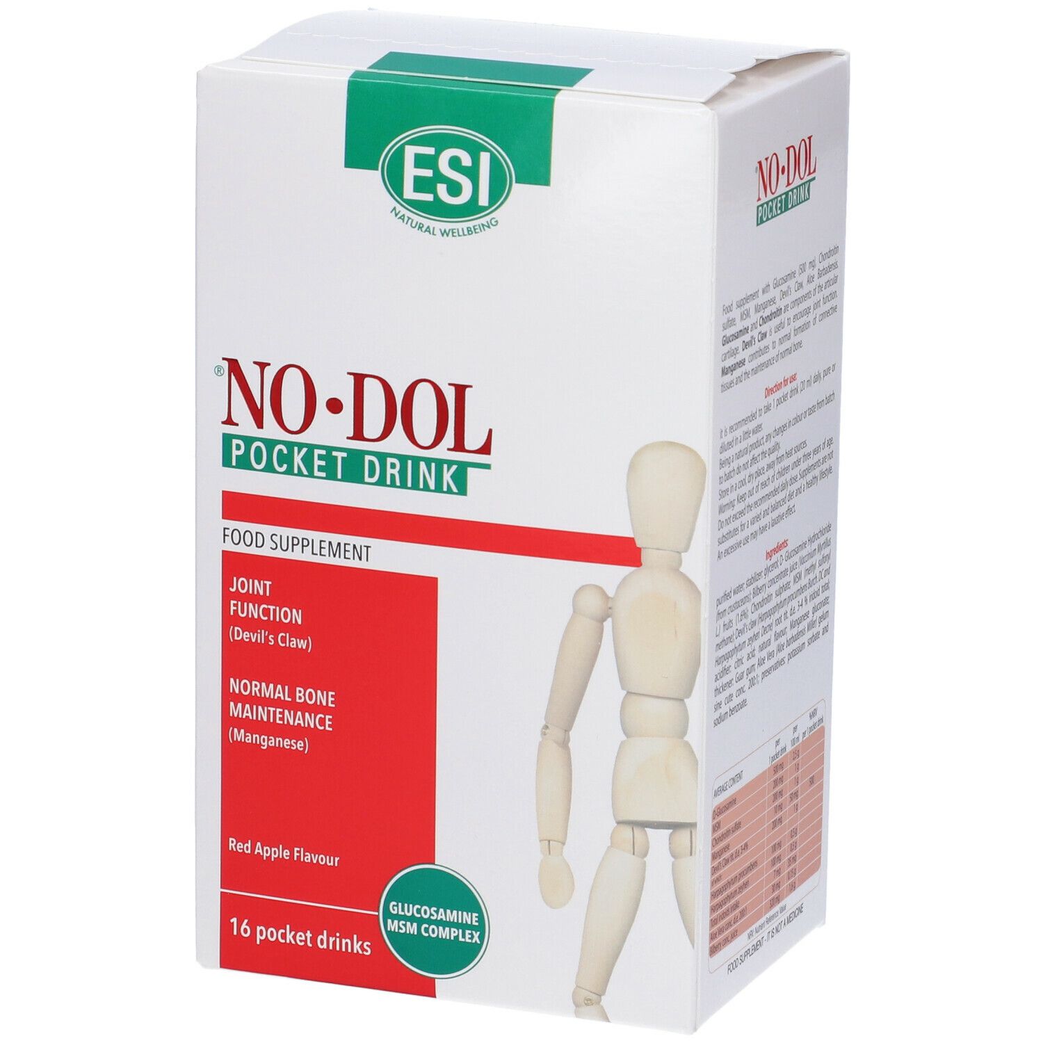 Confezione bianca con dettagli verdi e rossi. Scritta: NO•DOL POCKET DRINK. Contiene 16 drink pocket. Logo ESI.