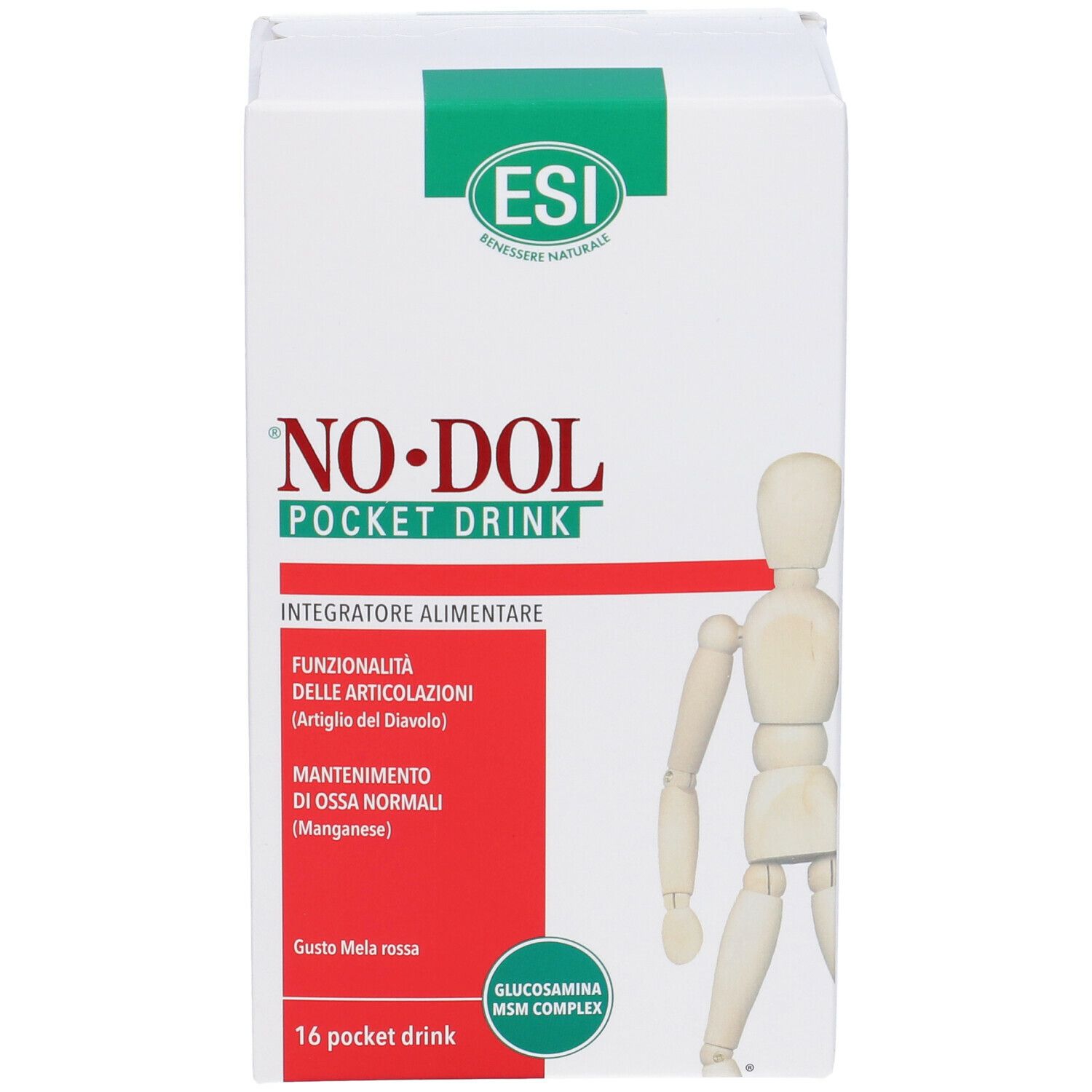 Confezione bianca con dettagli verdi e rossi. Scritta: NO•DOL POCKET DRINK. Contiene 16 drink pocket. Logo ESI.