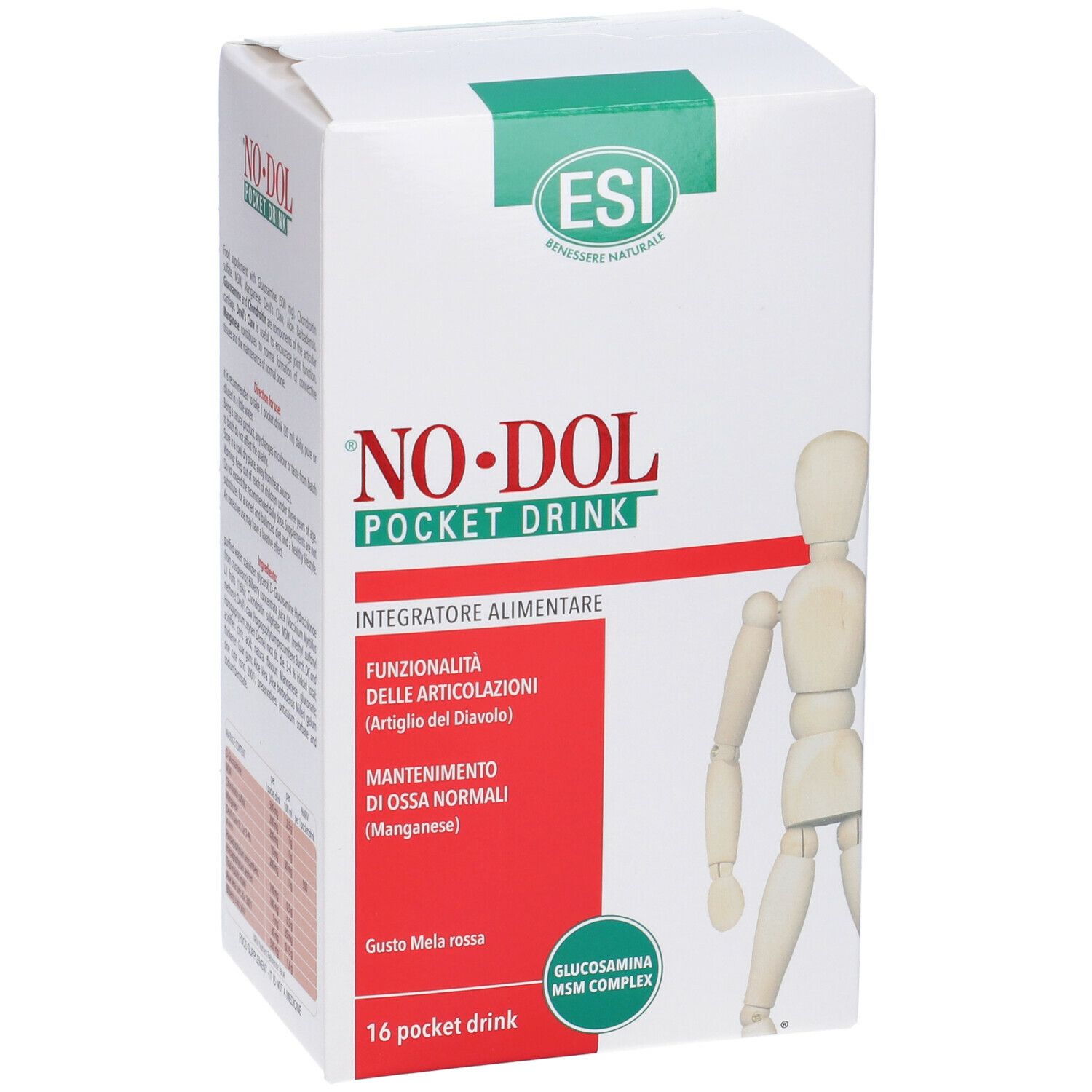 Confezione bianca con dettagli verdi e rossi. Scritta: NO•DOL POCKET DRINK. Contiene 16 drink pocket. Logo ESI.