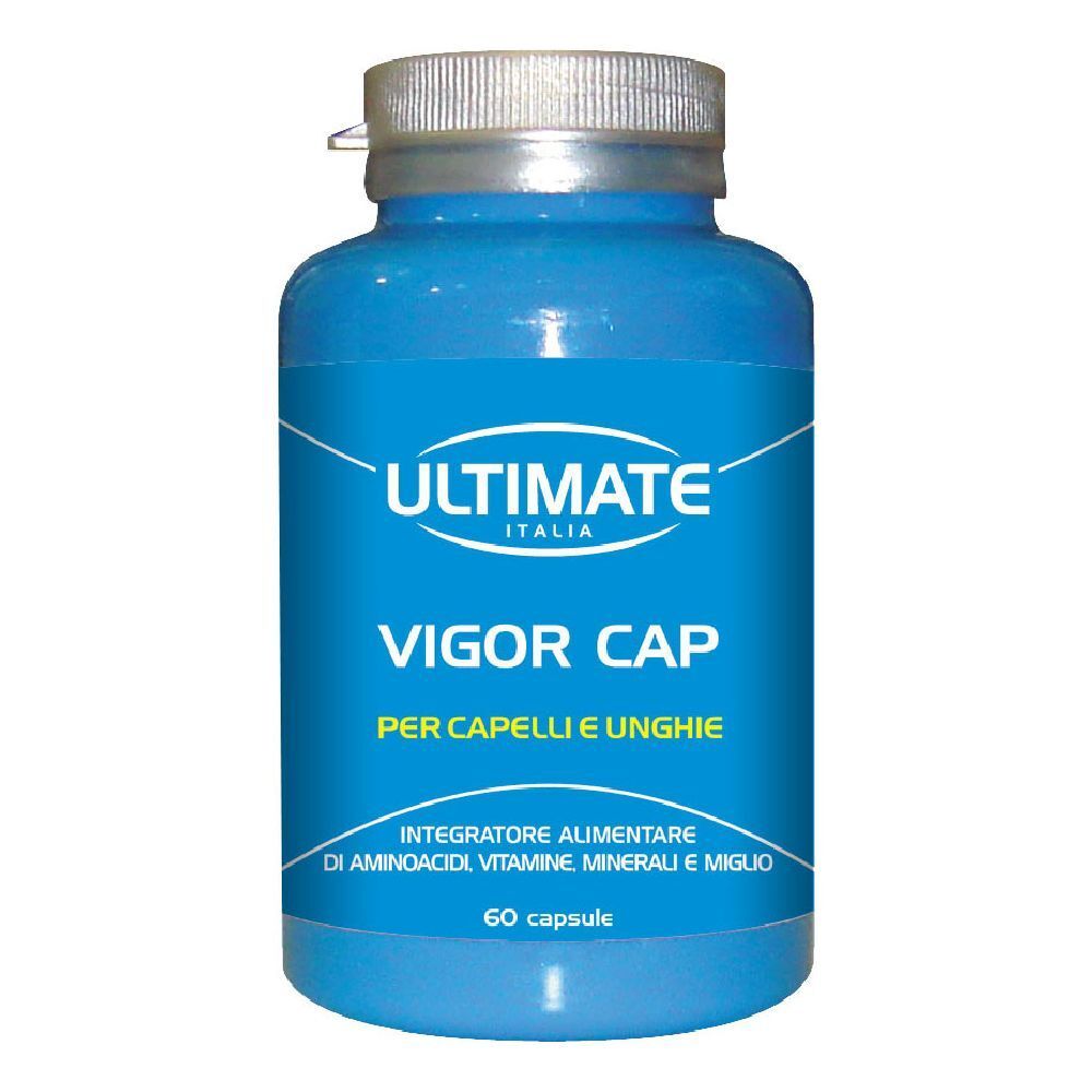 Flacone blu con capsule. Scritta: ULTIMATE, VIGOR CAP, PER CAPELLI E UNGHIE. 60 capsule.