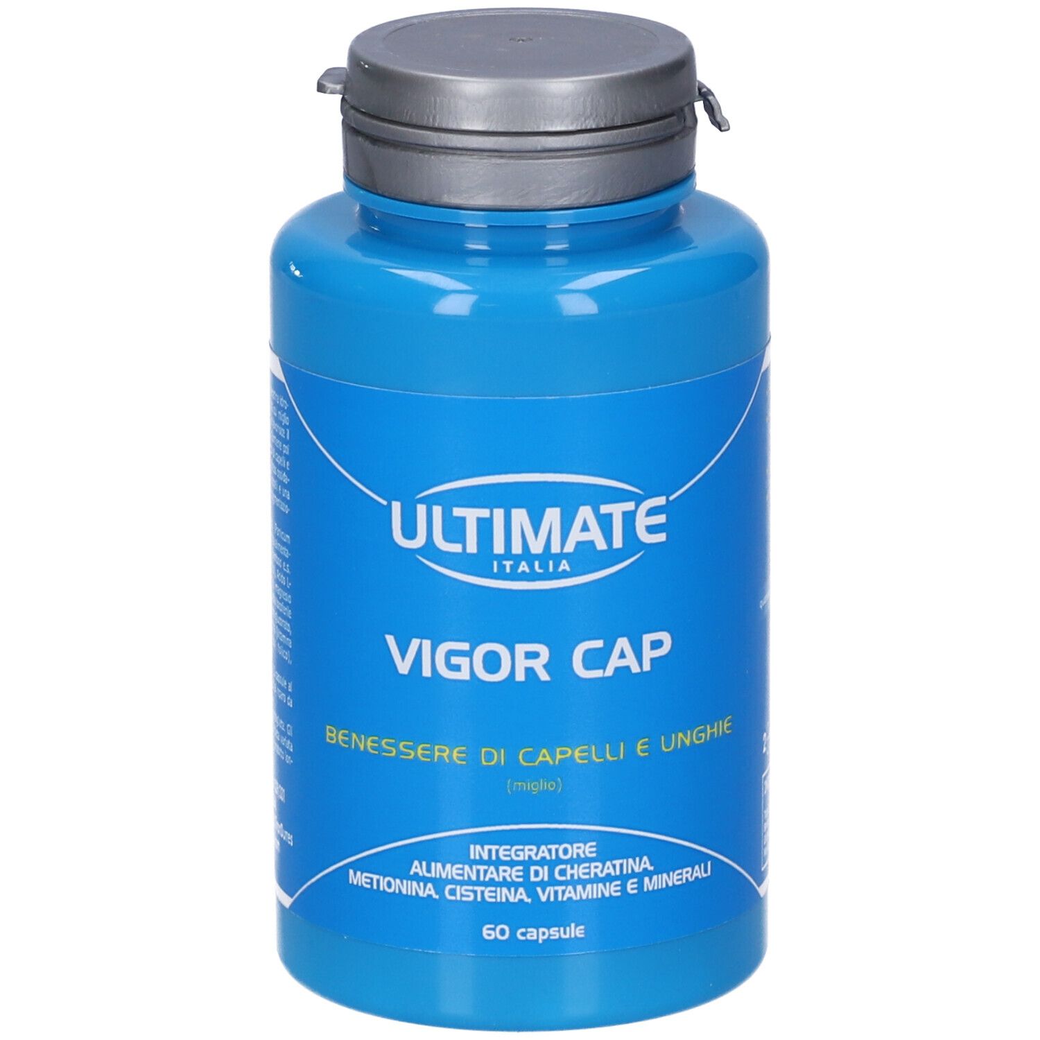 Flacone blu con capsule. Scritta: ULTIMATE, VIGOR CAP, BENESSERE DI CAPELLI E UNGHIE. 60 capsule.