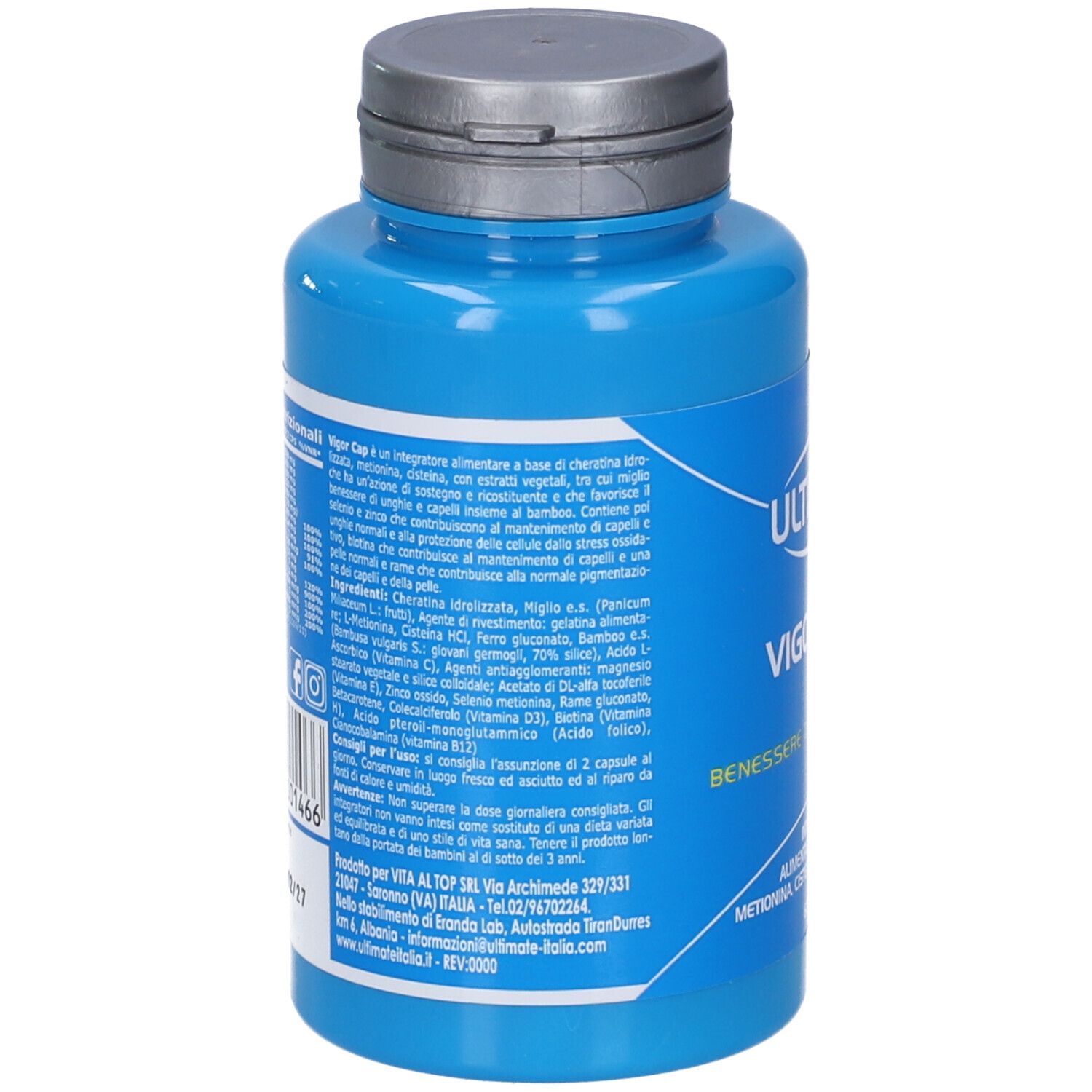 Flacone blu con capsule. Retro con testo e ingredienti. Scritta: VIGOR CAP, BENESSERE DI CAPELLI E UNGHIE.