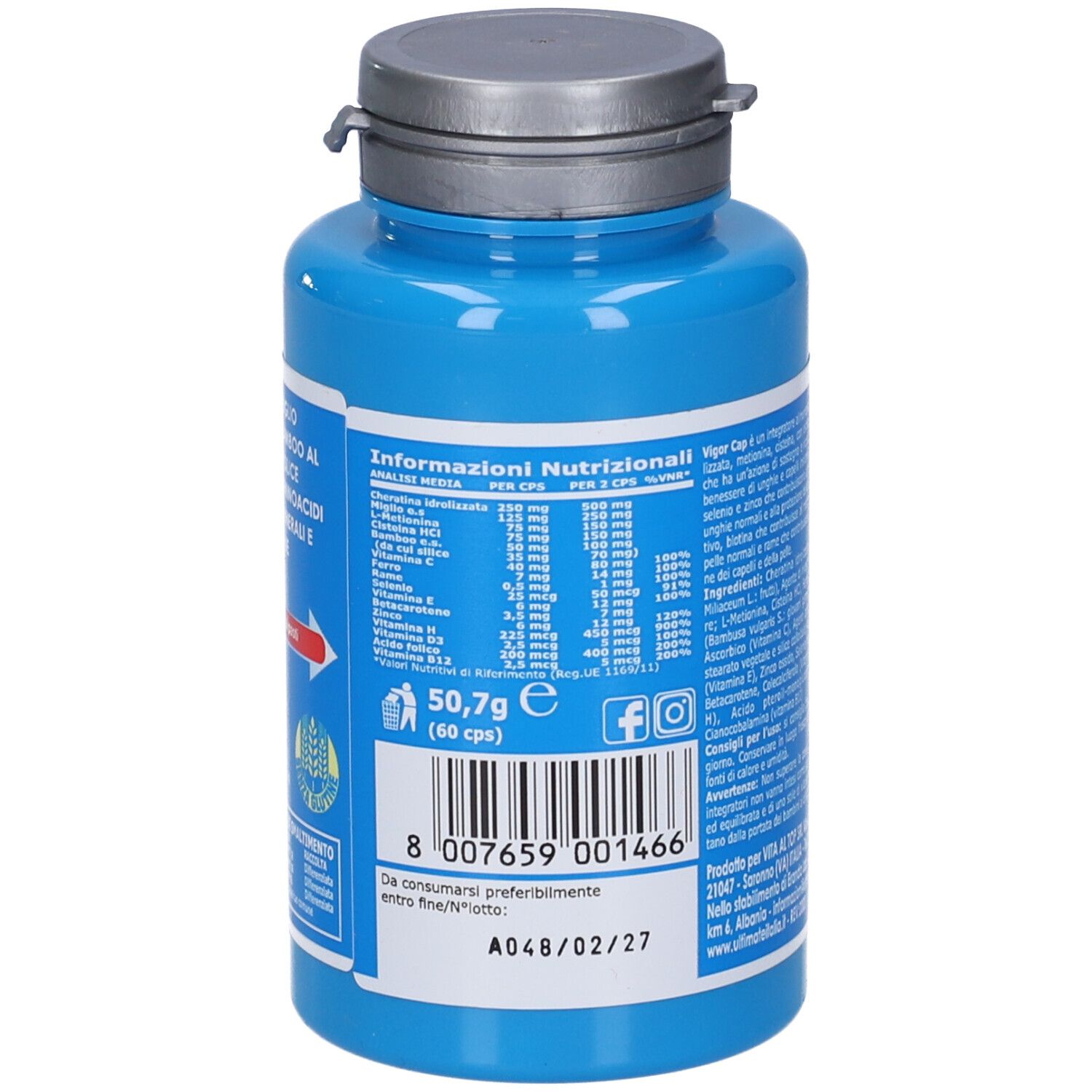 Flacone blu con capsule. Retro con informazioni nutrizionali. Scritta: VIGOR CAP, 60 cps.