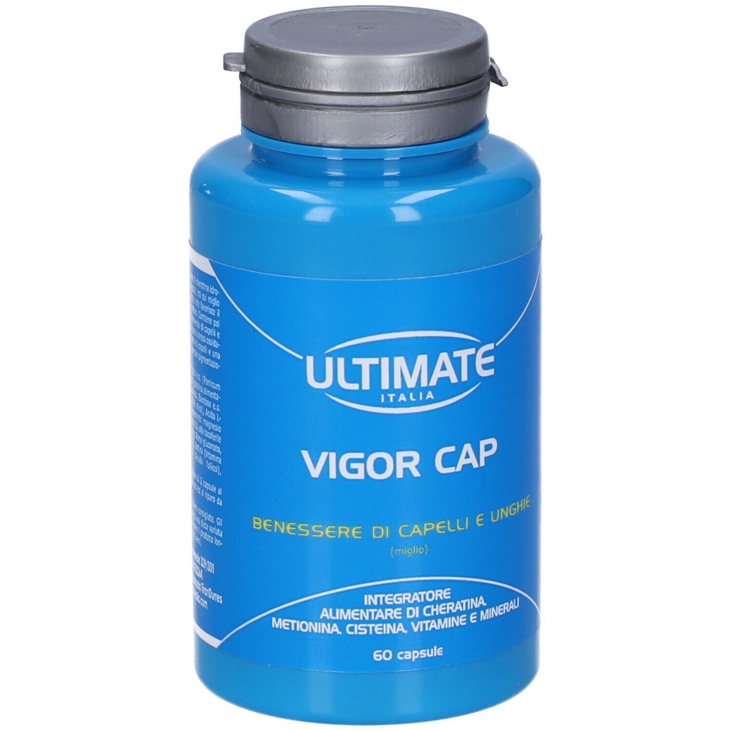 Flacone blu con capsule. Scritta: ULTIMATE, VIGOR CAP, BENESSERE DI CAPELLI E UNGHIE. 60 capsule.