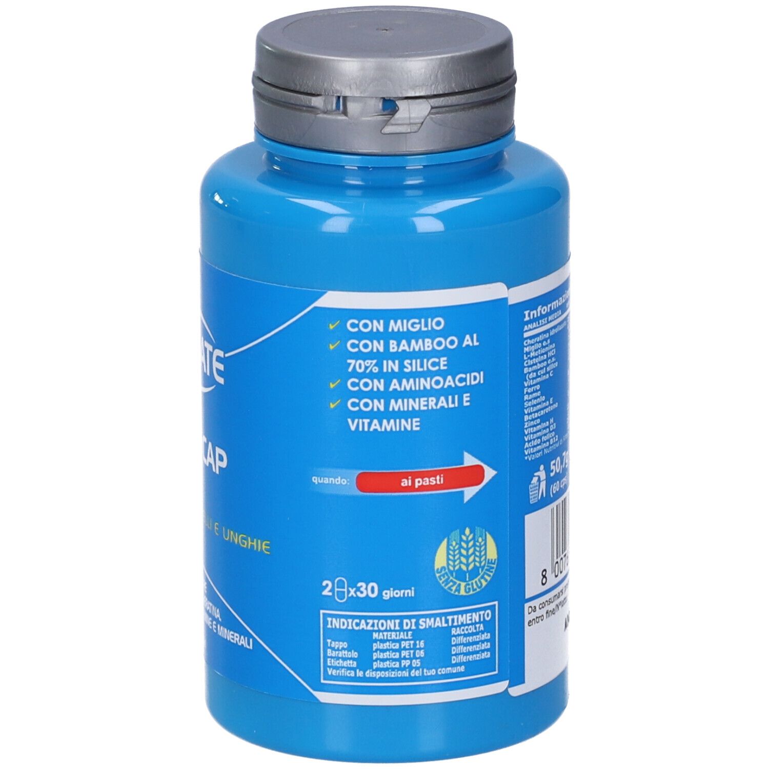 Flacone blu con capsule. Retro con testo. Scritta: VIGOR CAP, BENESSERE DI CAPELLI E UNGHIE.