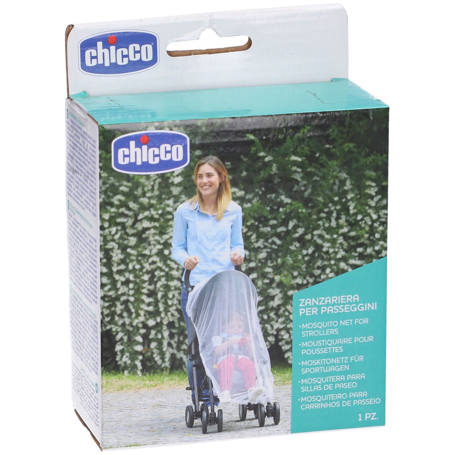 Fronte della confezione con zanzariera per passeggino. Donna che spinge un passeggino con la rete. Testo: Chicco, Zanzariera per Passeggini.