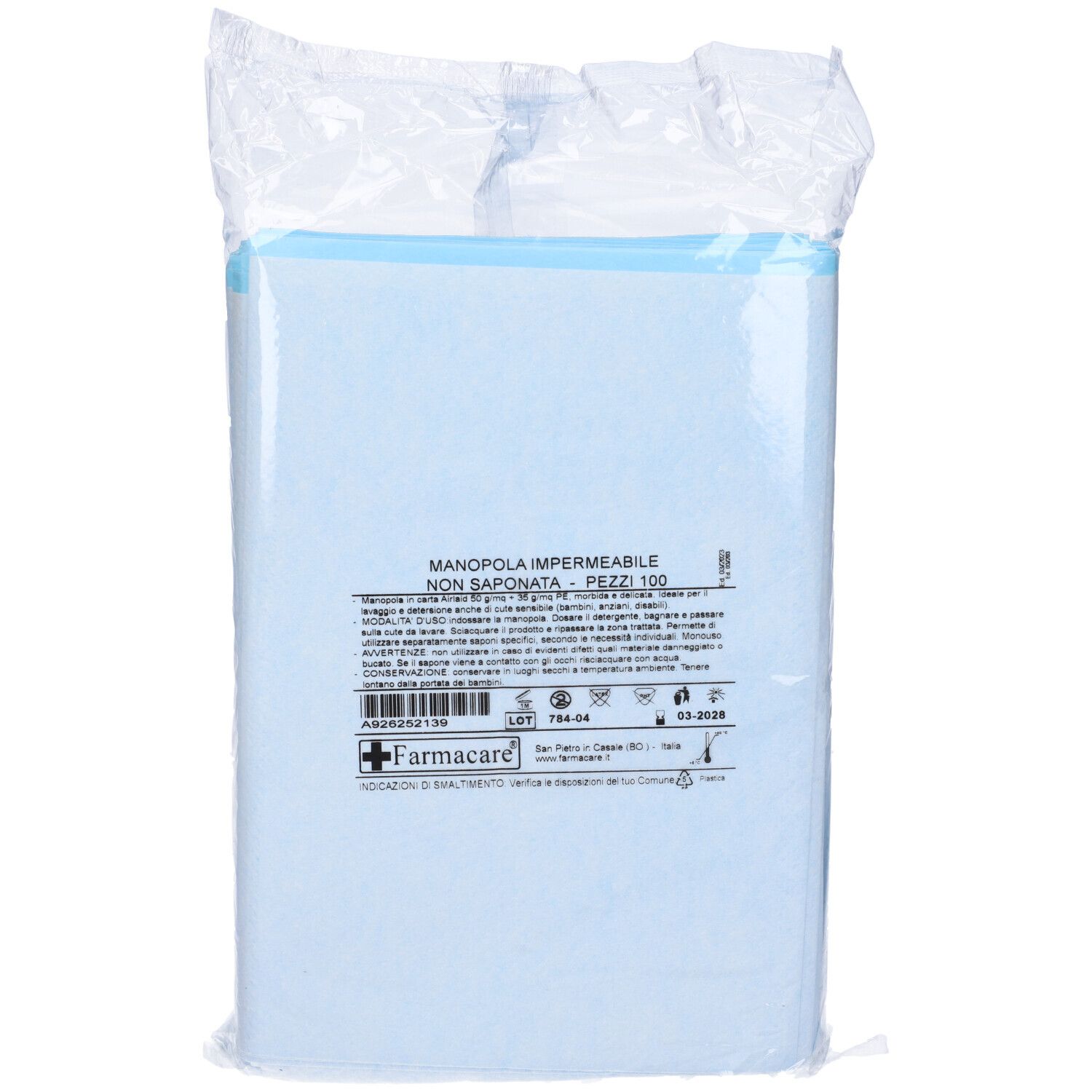 Manopola impermeabile non saponata azzurra, 100 pezzi, confezione in plastica. Testo: Farmacare.