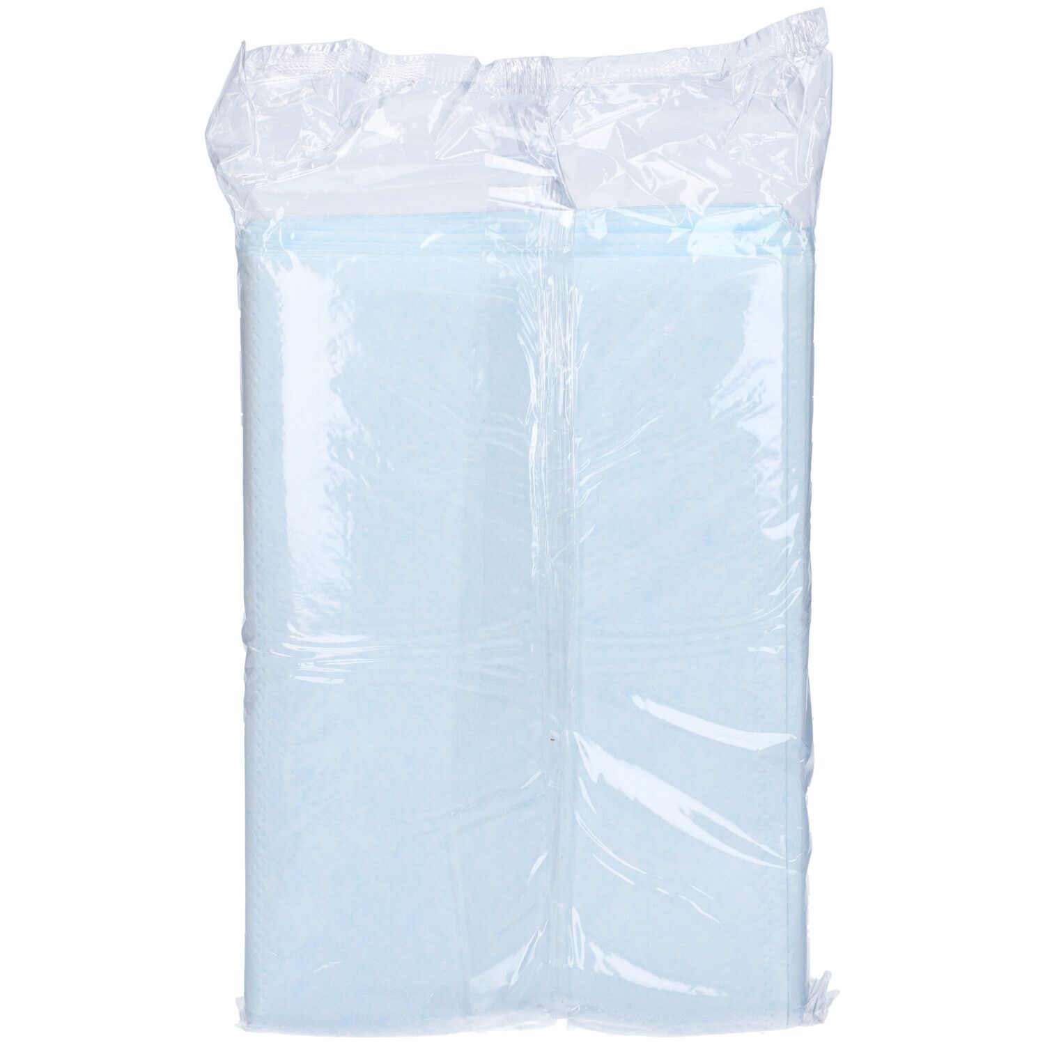 Manopola impermeabile non saponata azzurra, 100 pezzi, confezione in plastica. Vista frontale.