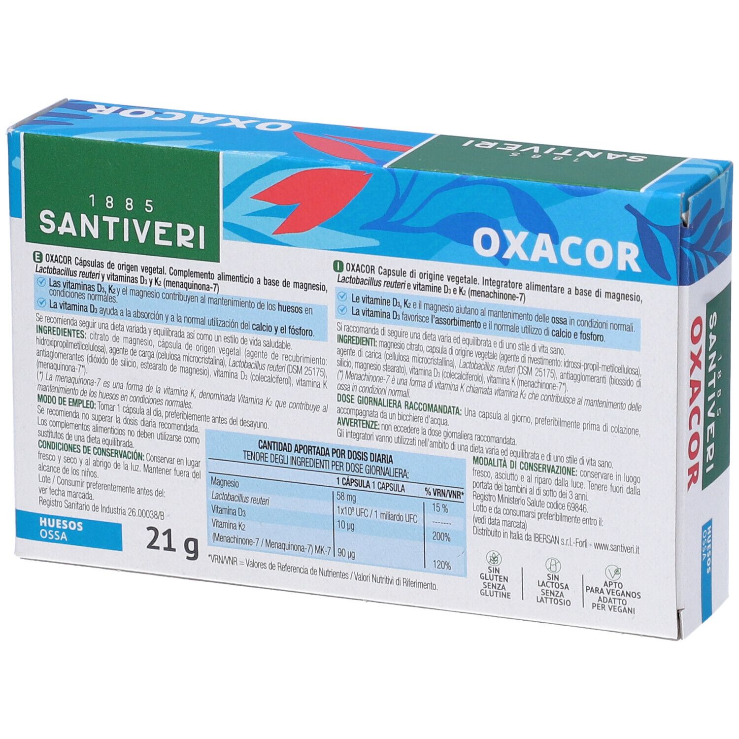 Rückseite der OXACOR K2-Verpackung. Enthält Informationen zu Inhaltsstoffen, Nährwerten und Gebrauchsanweisung. Glutenfrei, laktosefrei, vegan.